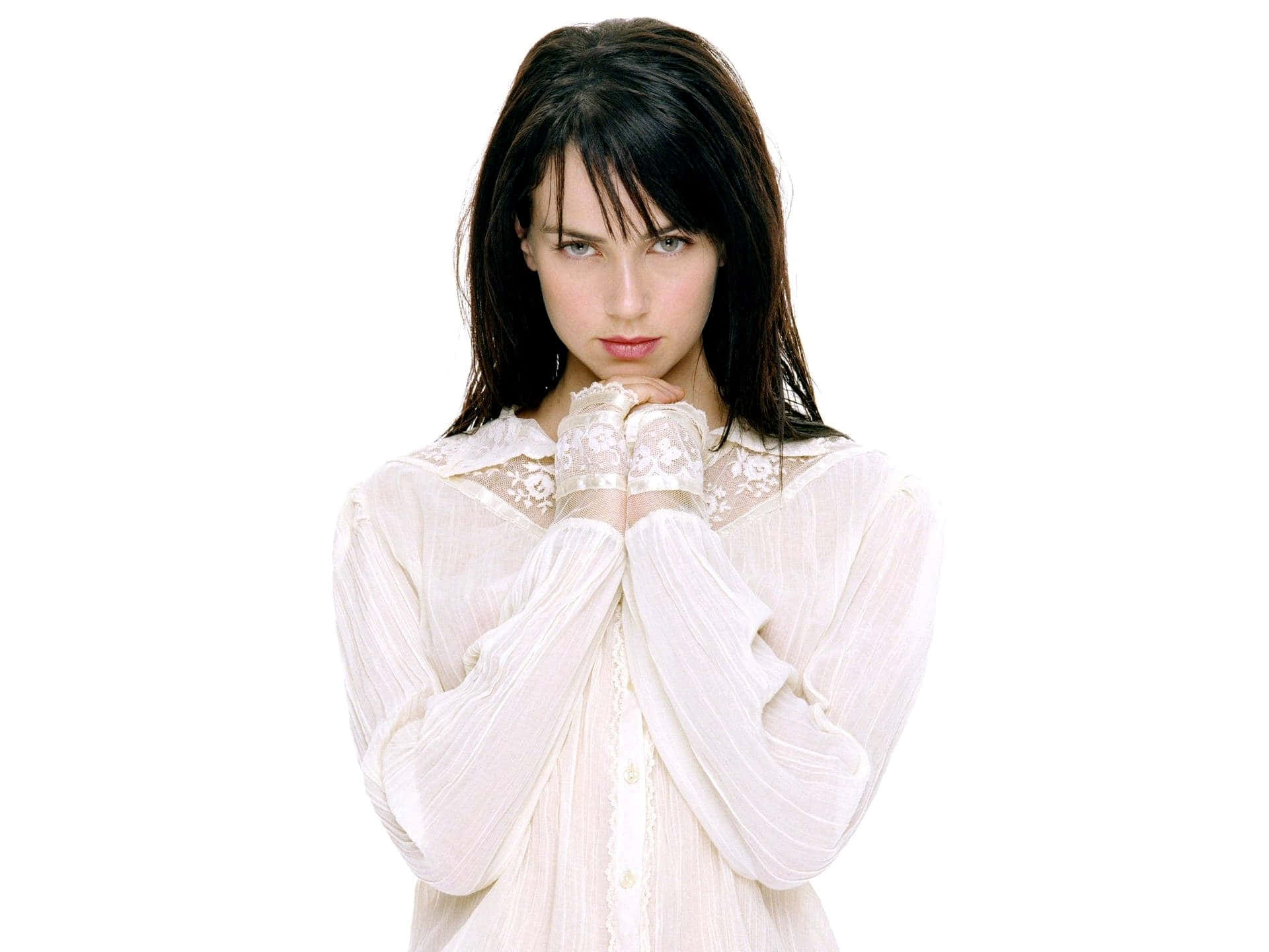 Mia Kirshner, white lace-trimmed blouse, plain white background, Full HD Desktop Wallpaper