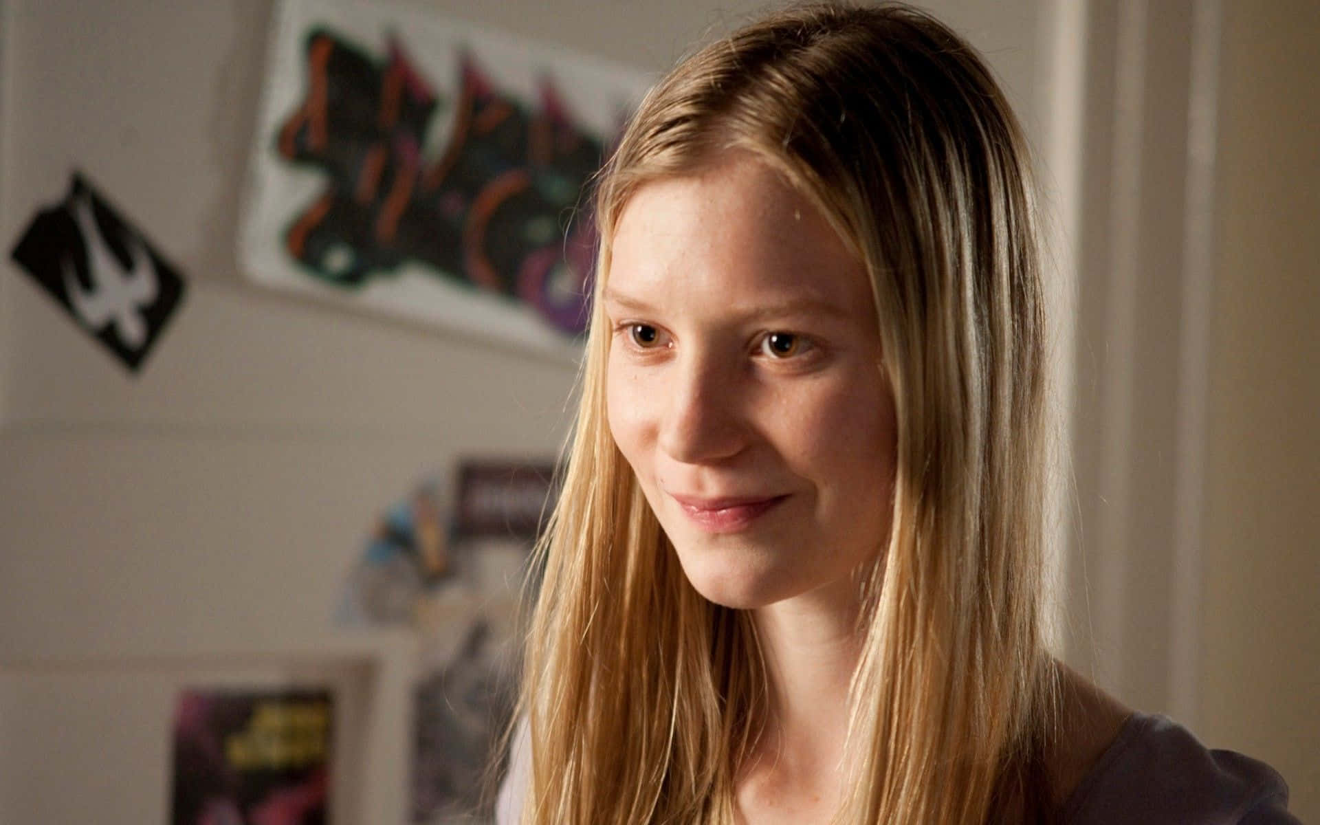 Mia Wasikowska, blonde hair, graffiti art, Full HD Desktop Wallpaper