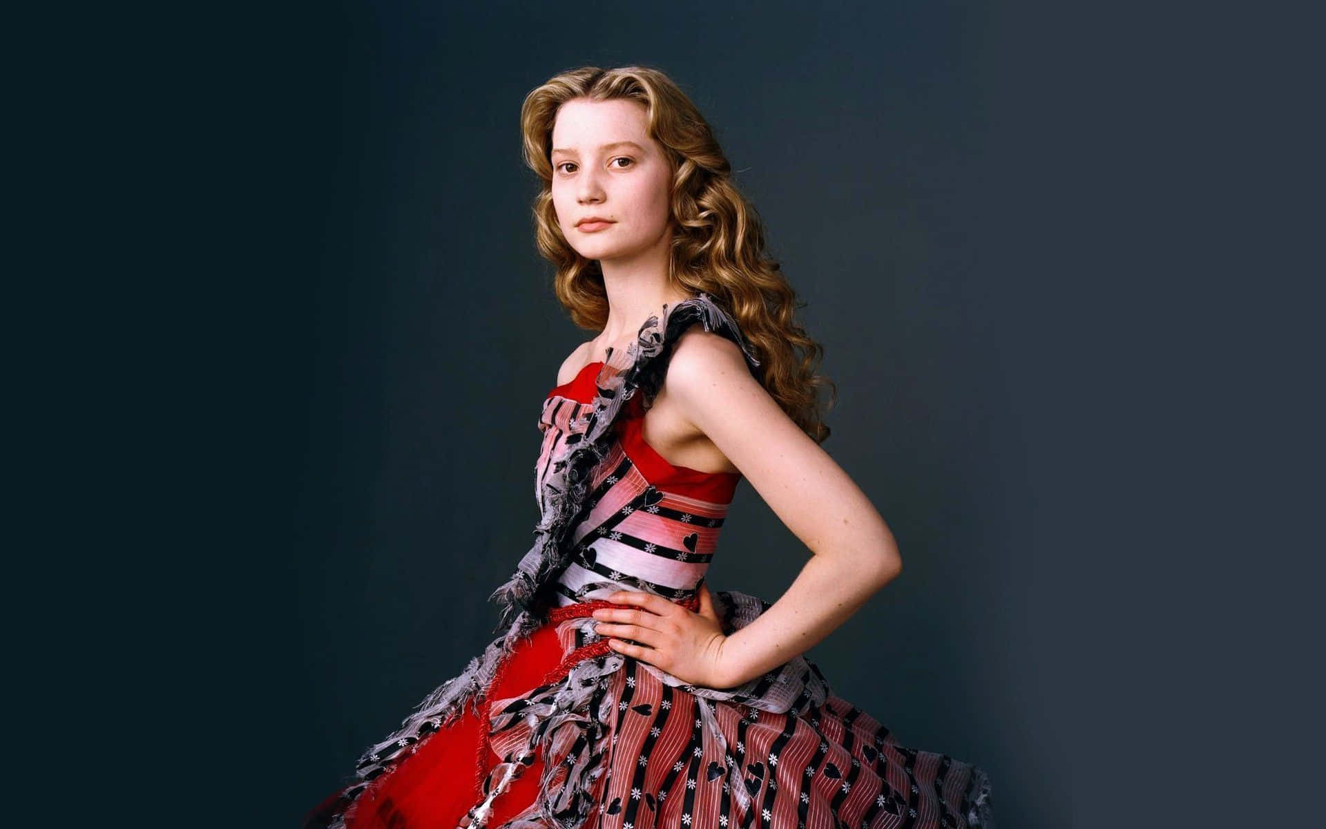 Mia Wasikowska, red and patterned dress, dark teal studio backdrop, Full HD Desktop Wallpaper