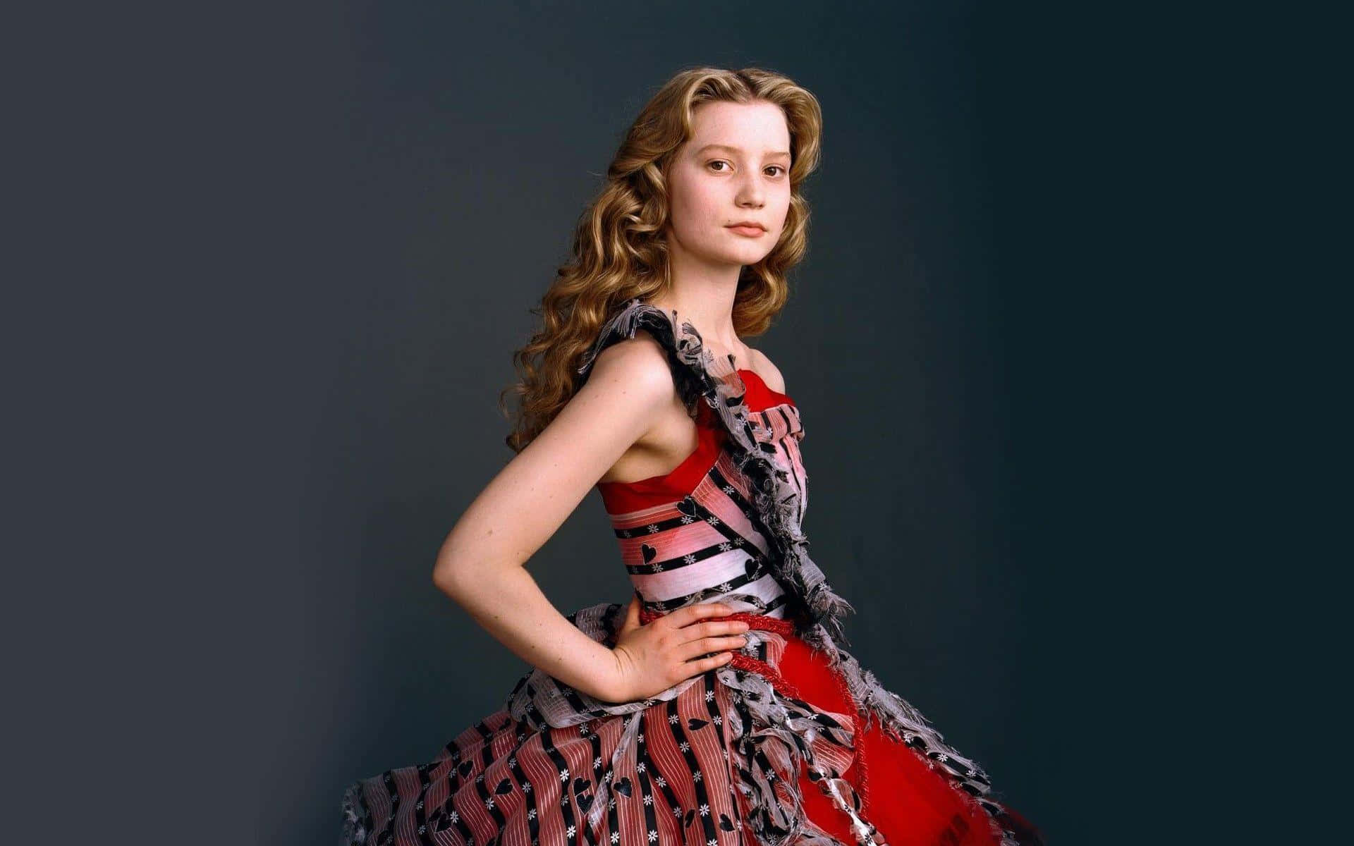 Mia Wasikowska, red and black patterned dress, curly blonde hair, Full HD Desktop Wallpaper