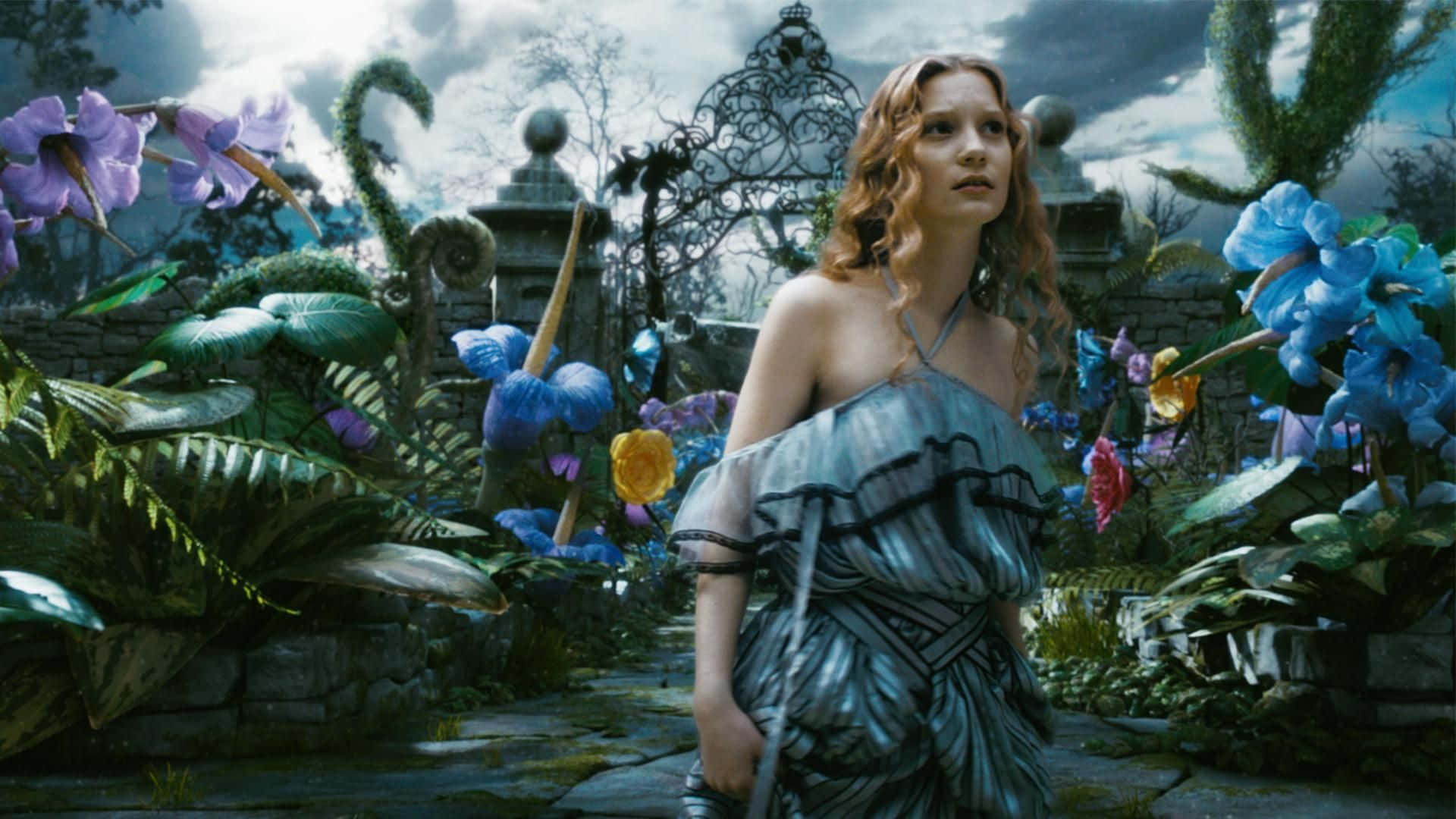 Mia Wasikowska, blue gown, oversized colorful flowers, Full HD Desktop Wallpaper
