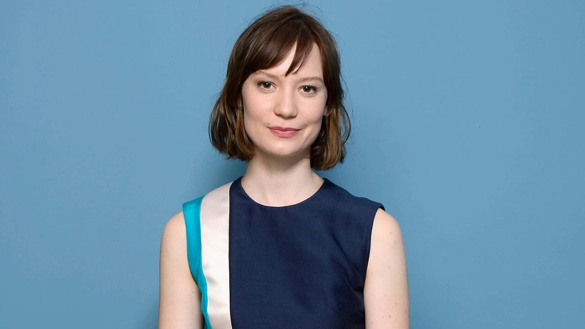 Mia Wasikowska, short brown hair, navy blue and teal sleeveless dress, Full HD Desktop Wallpaper