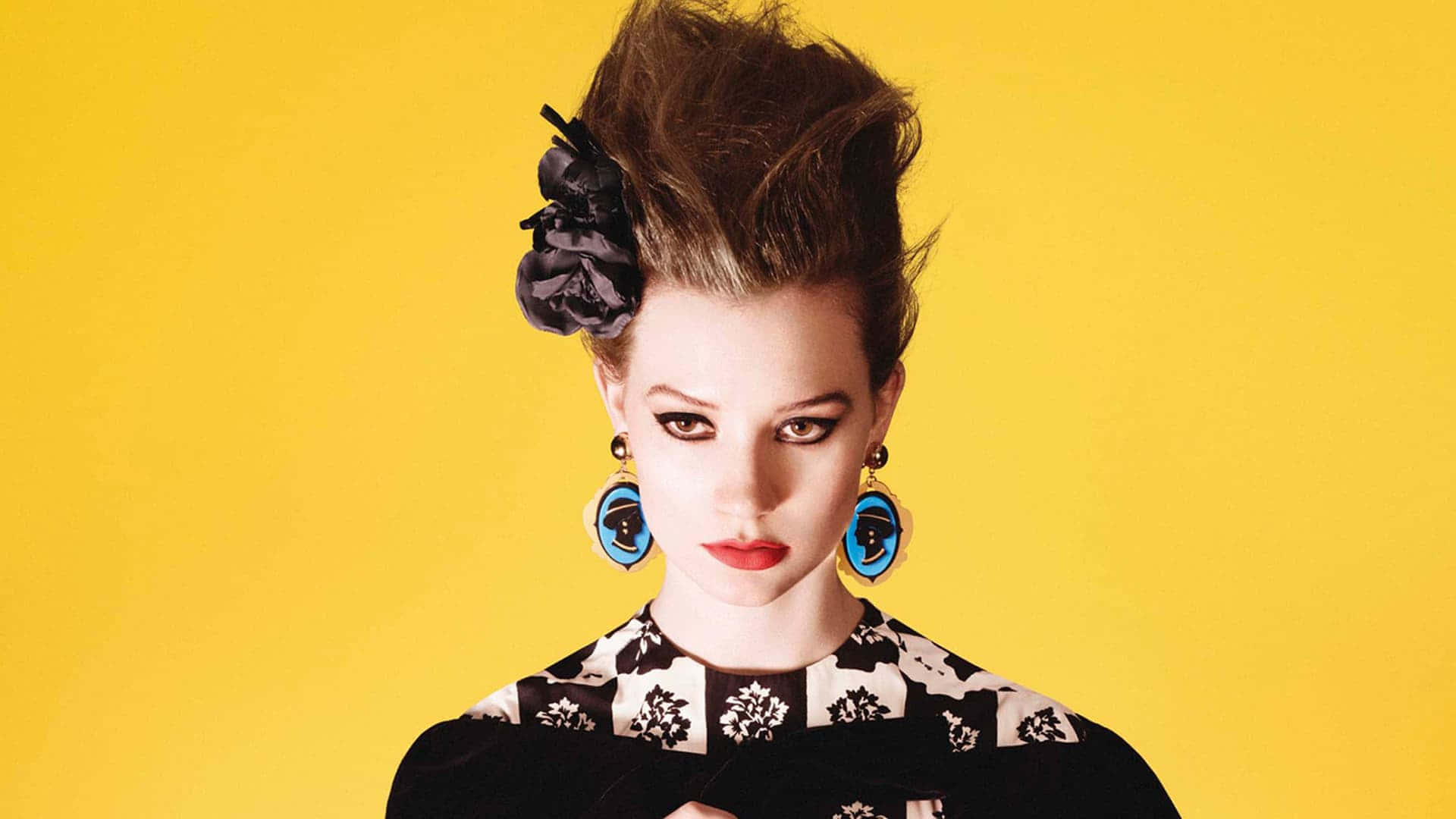 Mia Wasikowska, black floral hair accessory, vibrant yellow background, Full HD Desktop Wallpaper