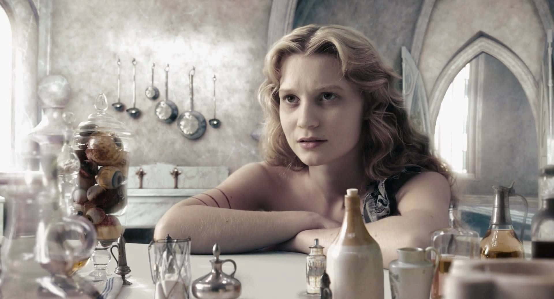 Mia Wasikowska, wavy blonde hair, glass bottles and jars, Full HD Desktop Wallpaper