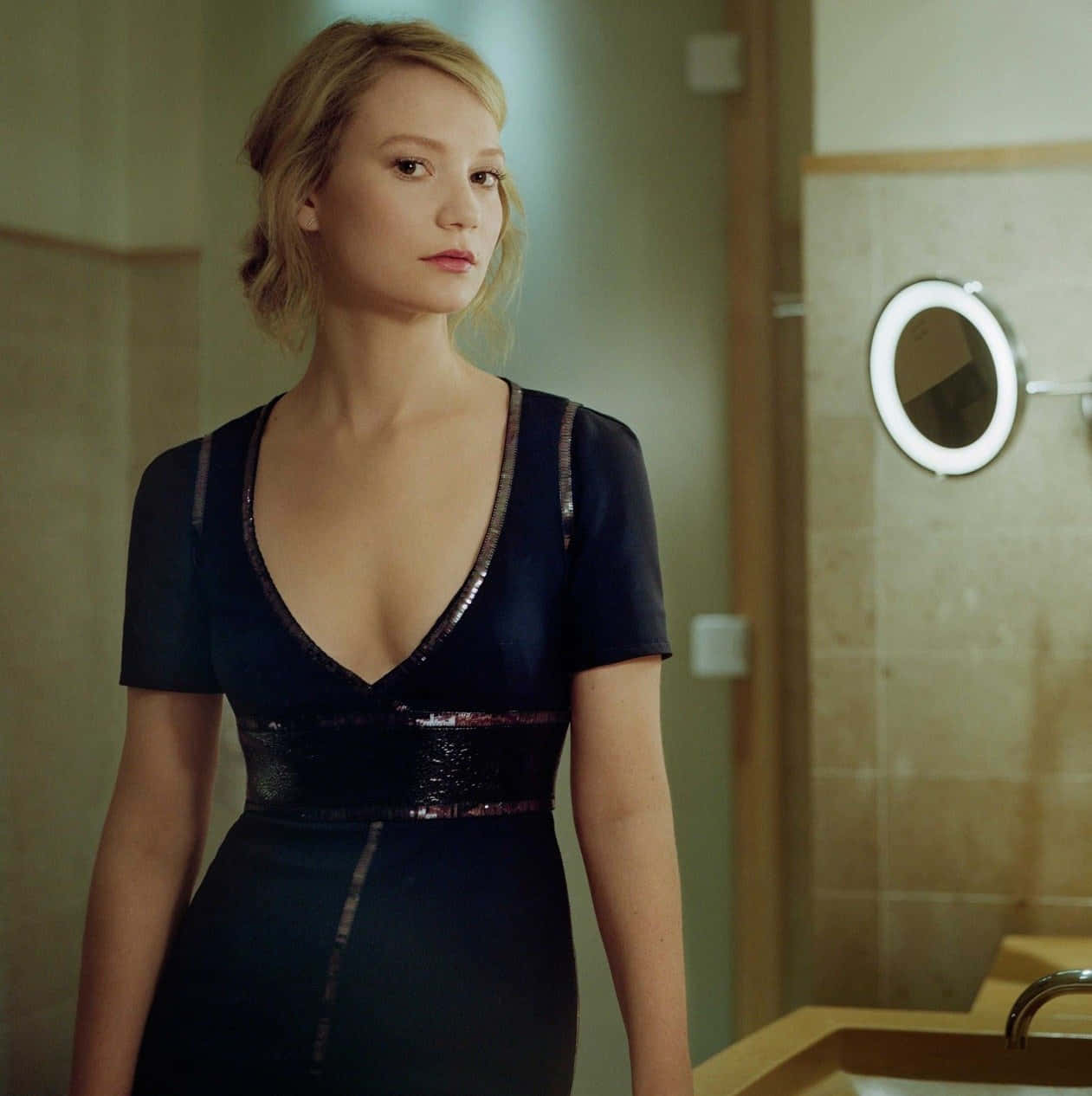 Mia Wasikowska, dark sequined dress, softly lit bathroom, SD Phone Wallpaper