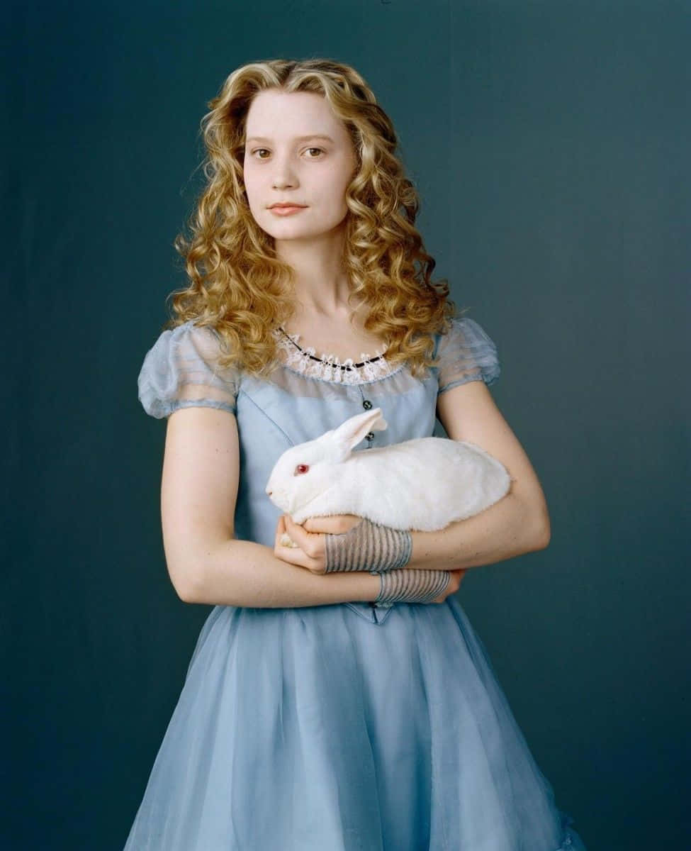 Mia Wasikowska, curly blonde hair, light blue dress, SD Phone Wallpaper