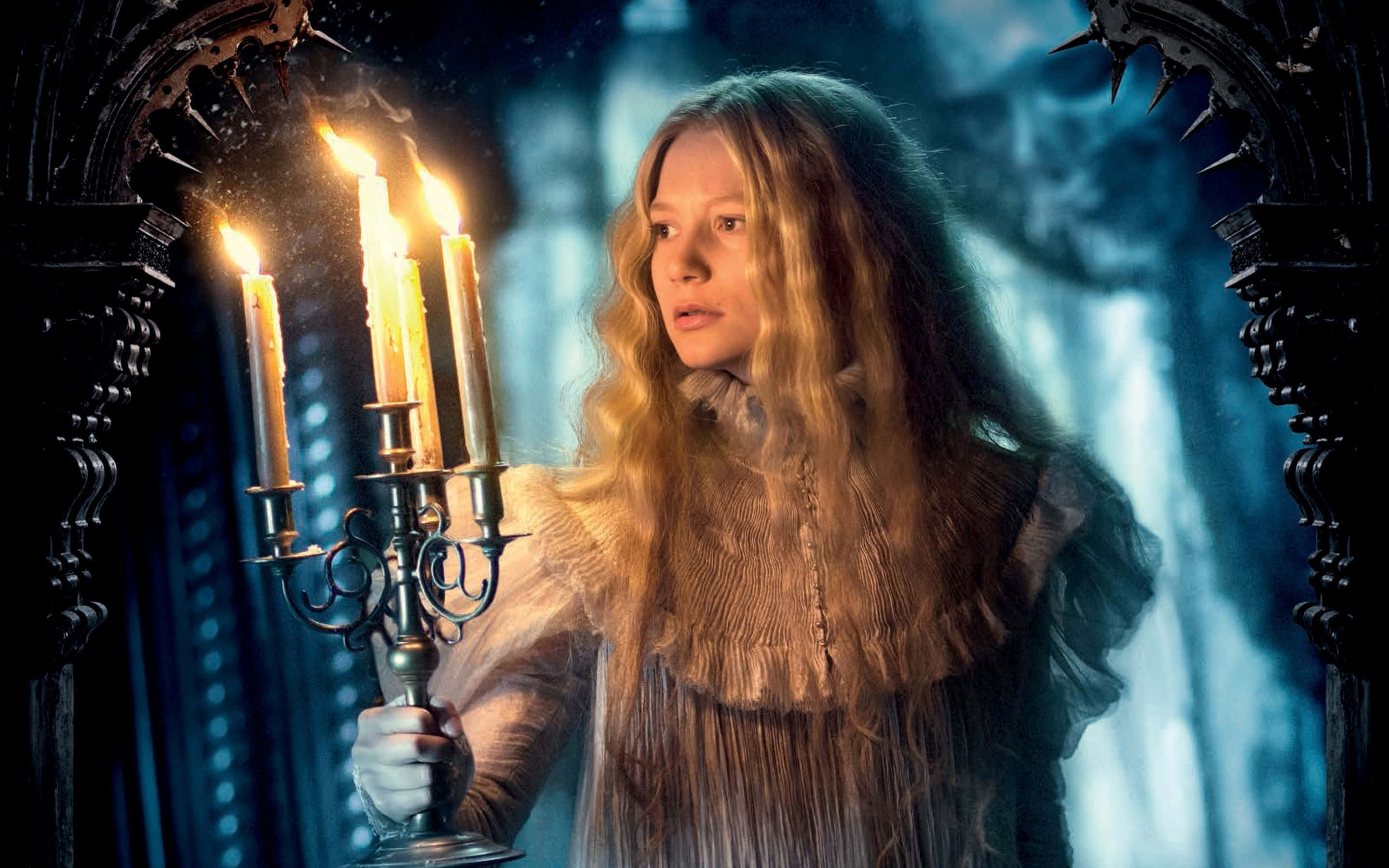 Mia Wasikowska, long blonde hair, lit candelabra, 2K Desktop Wallpaper