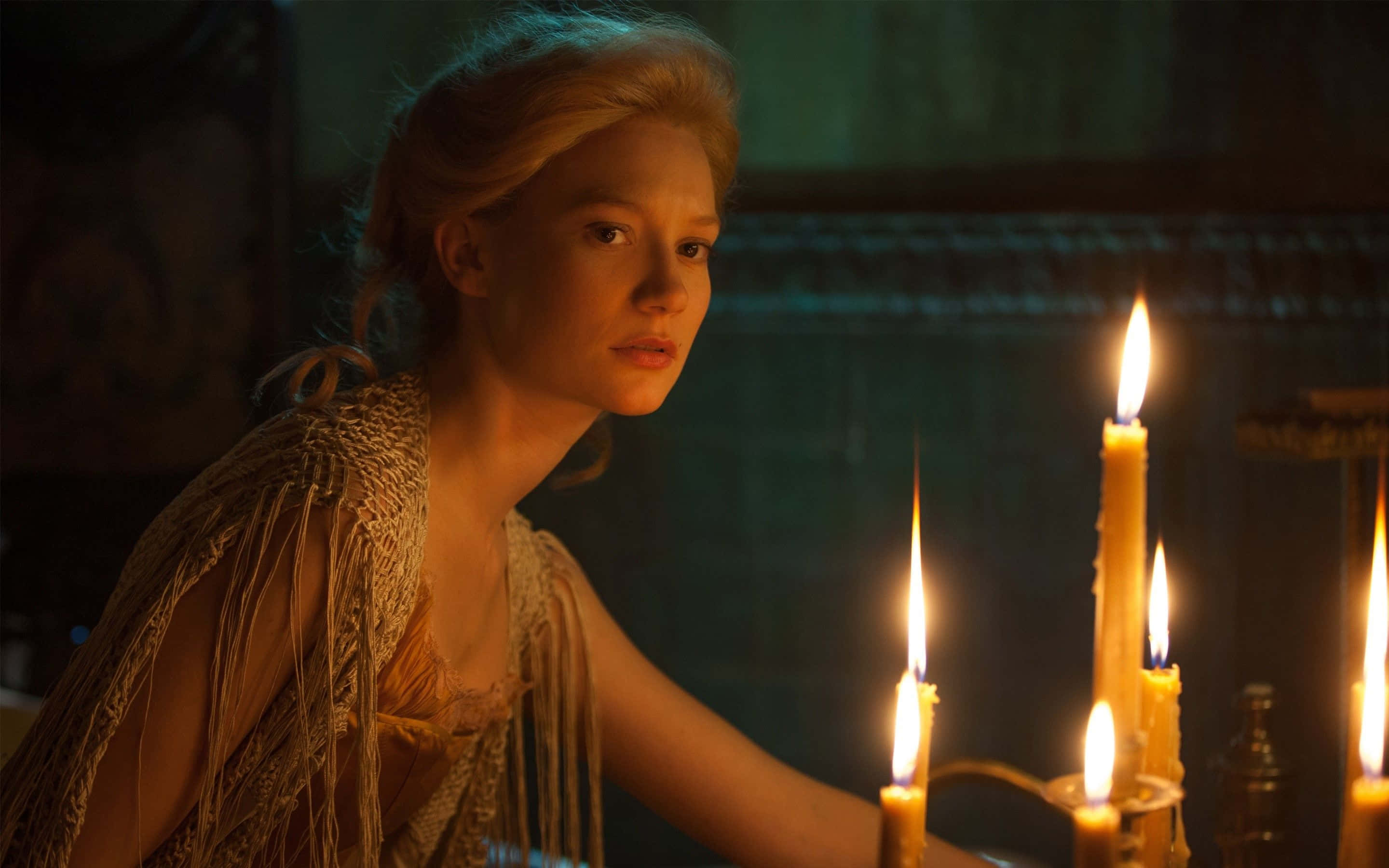 Mia Wasikowska, blonde hair, candlelight, 2K Desktop Wallpaper
