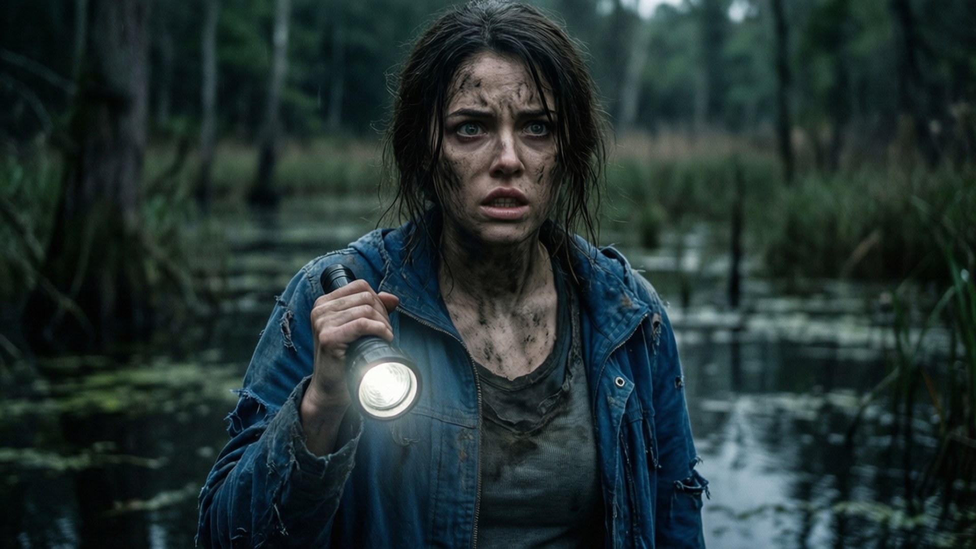 Mia Winters, dark swamp, flashlight, Full HD Desktop Wallpaper