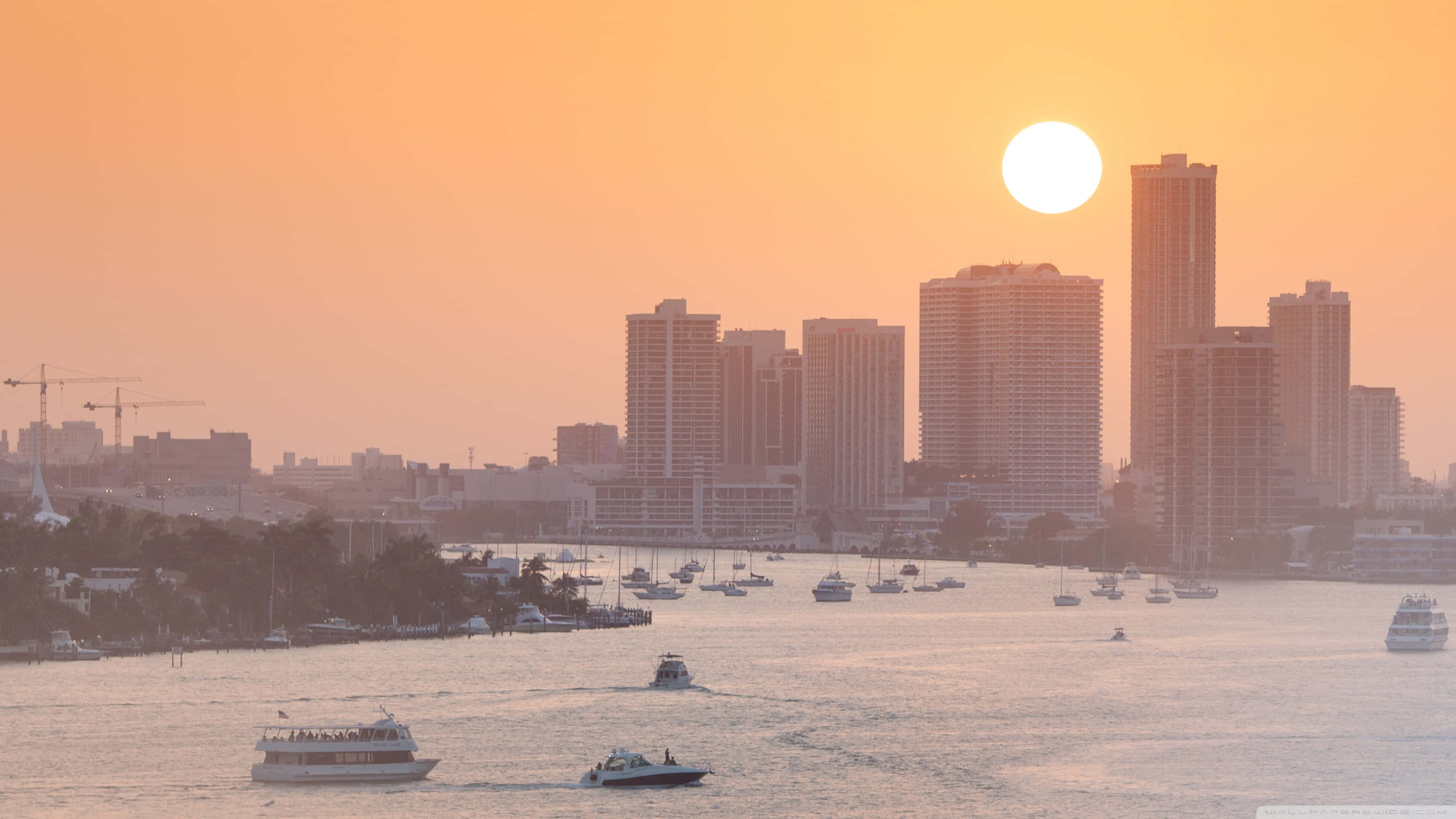 Miami 4K, Sunset, city skyline, 2K Desktop Wallpaper