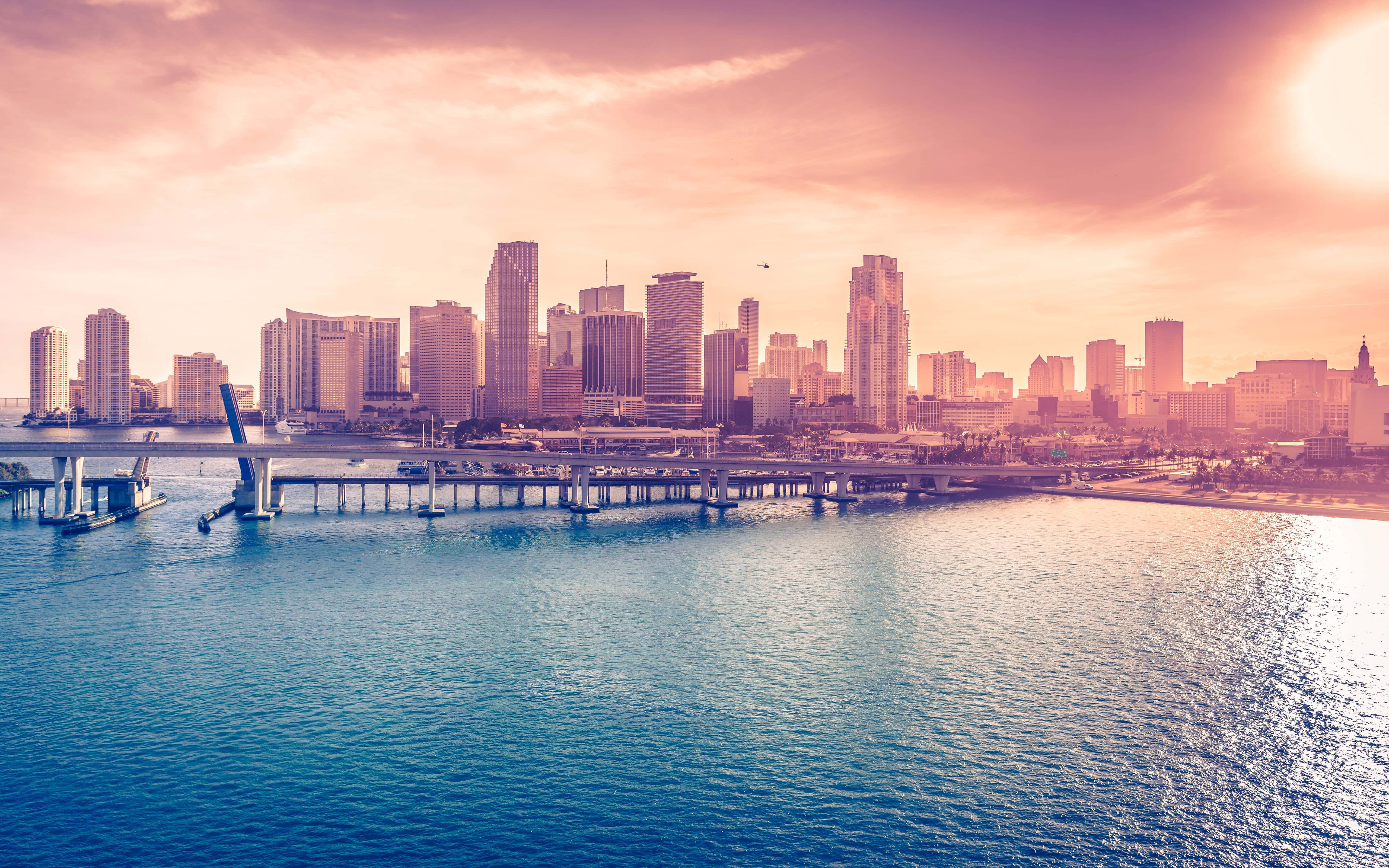 Miami, sunset, pastel-colored buildings, 5K Desktop Wallpaper