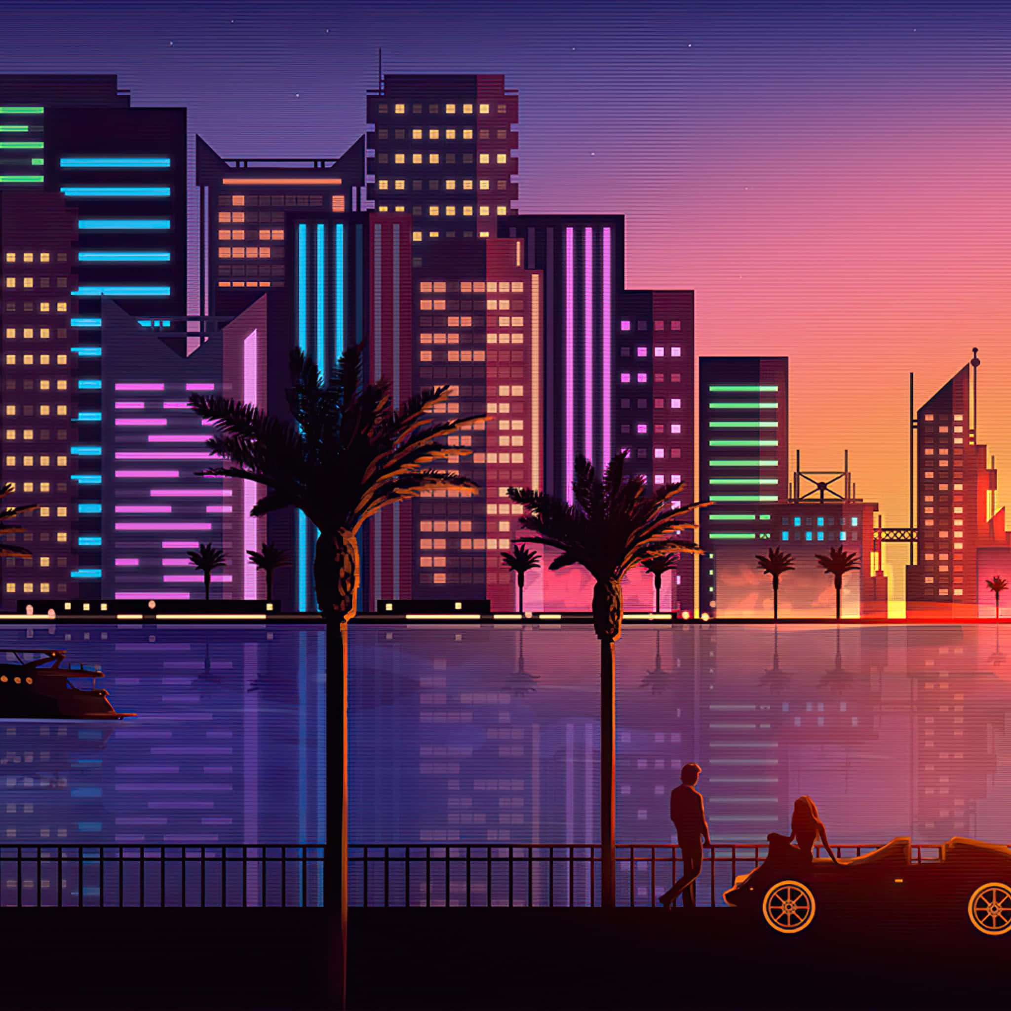 Miami 4K, sunset, neon-drenched city skyline, Full HD Desktop Wallpaper