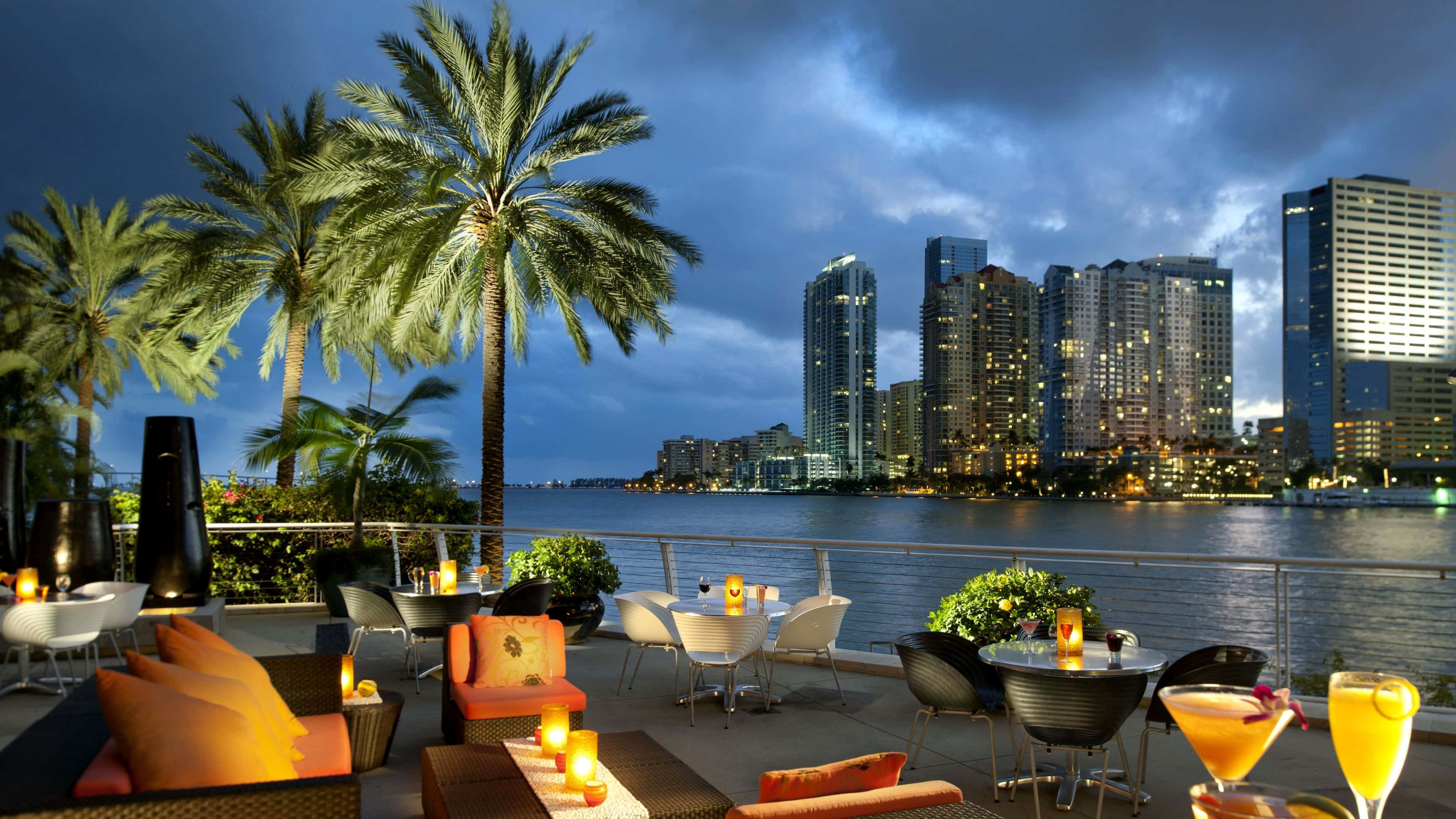 Miami 4K, rooftop lounge, palm trees, 4K Desktop Wallpaper