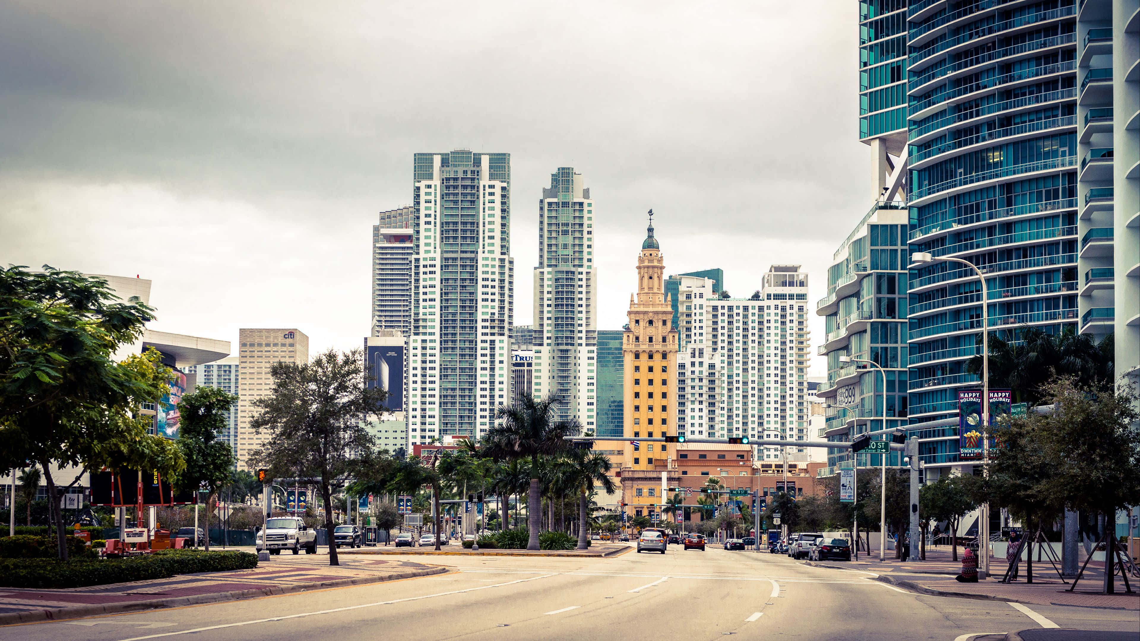 Miami 4K, palm trees, modern glass towers, 4K Desktop Wallpaper