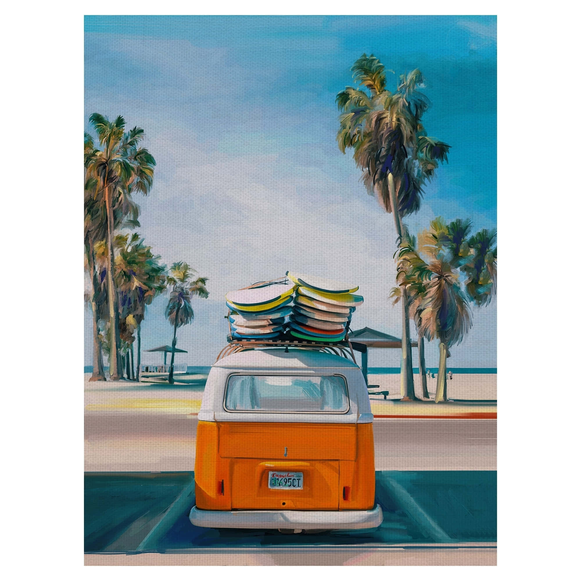 retro orange and white van, surfboards, palm trees, Full HD Desktop Wallpaper