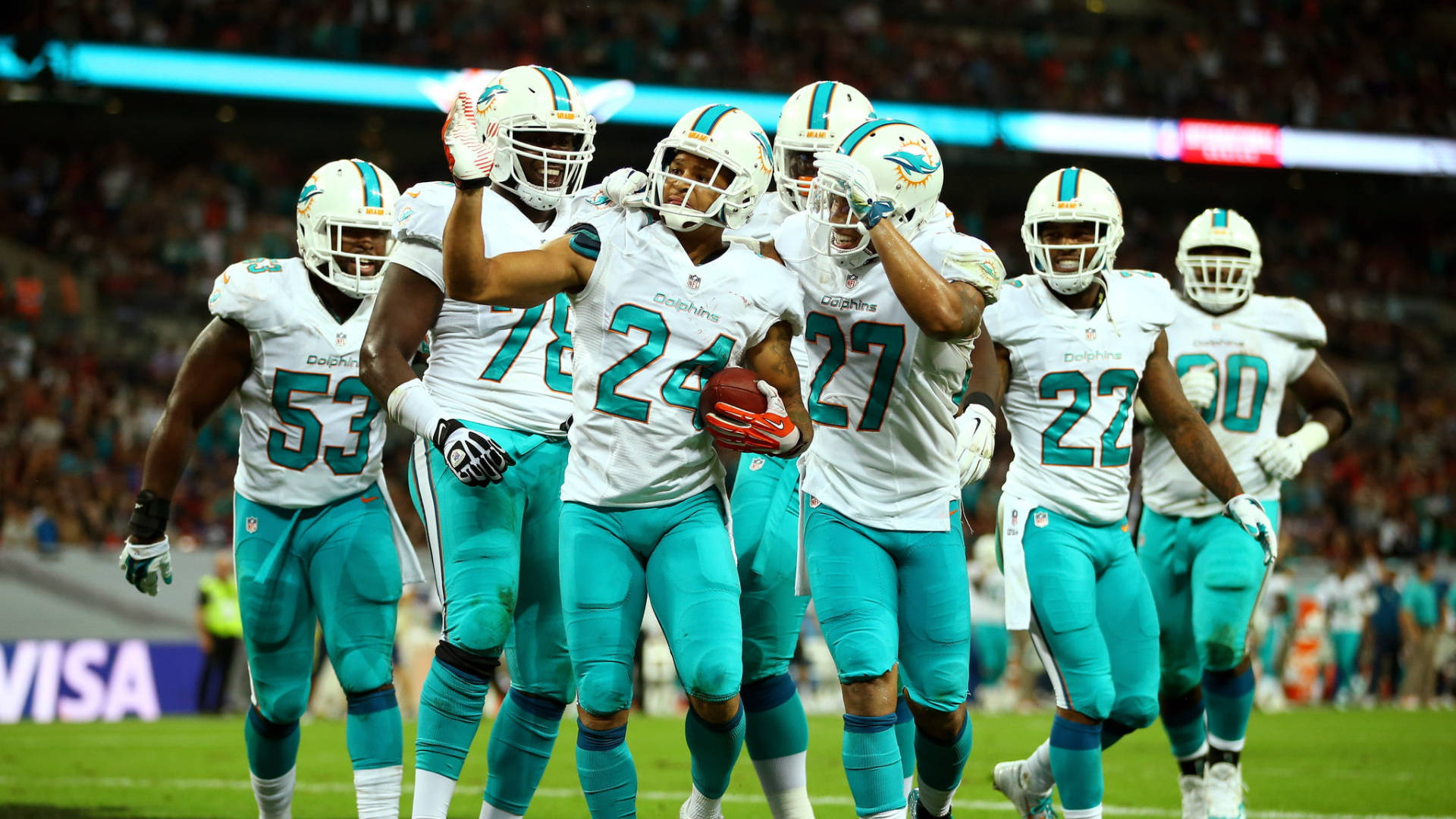 Miami Dolphins, white and teal uniforms, touchdown, Full HD Desktop Wallpaper