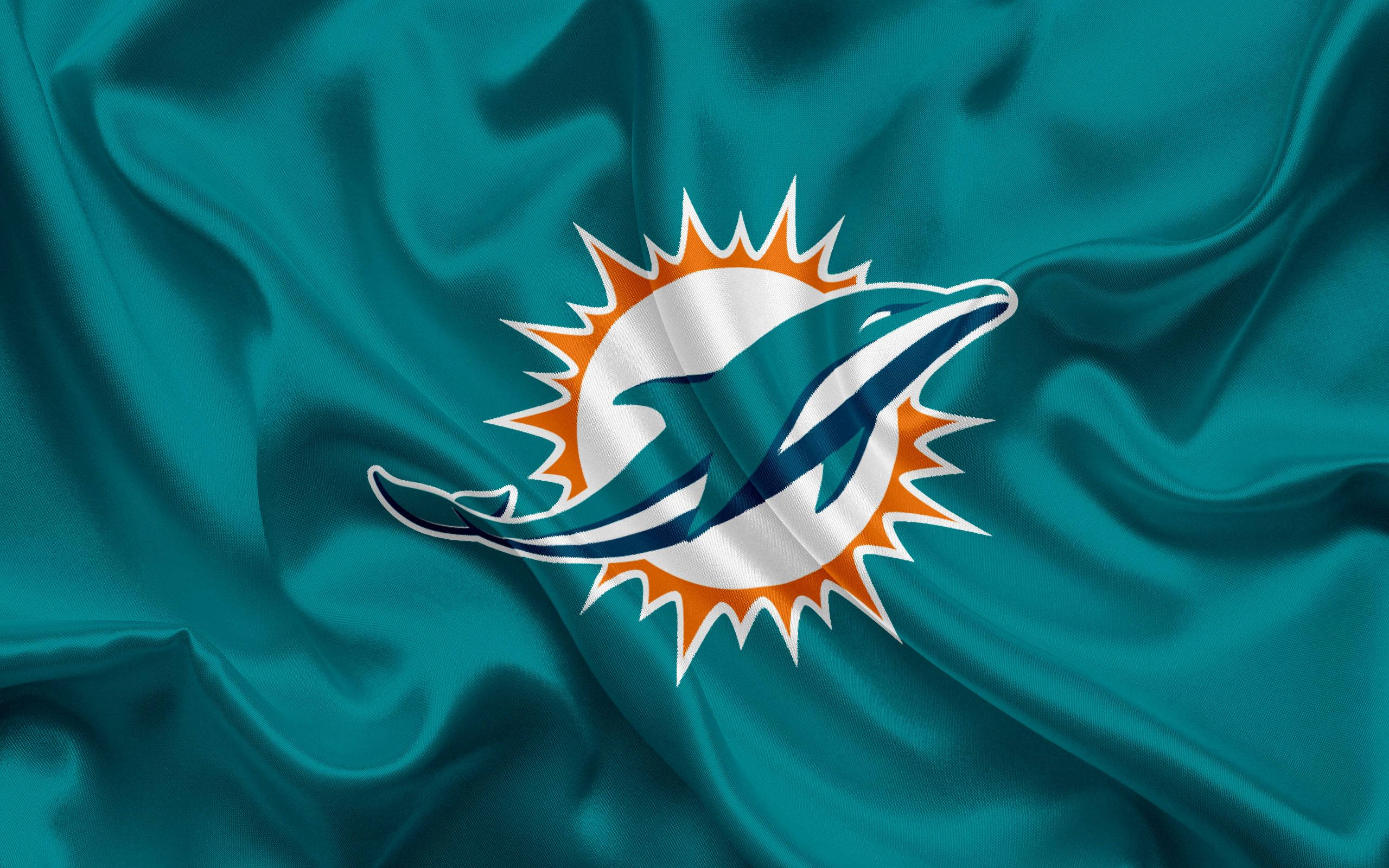Miami Dolphins, teal satin flag, leaping dolphin logo, 2K Desktop Wallpaper