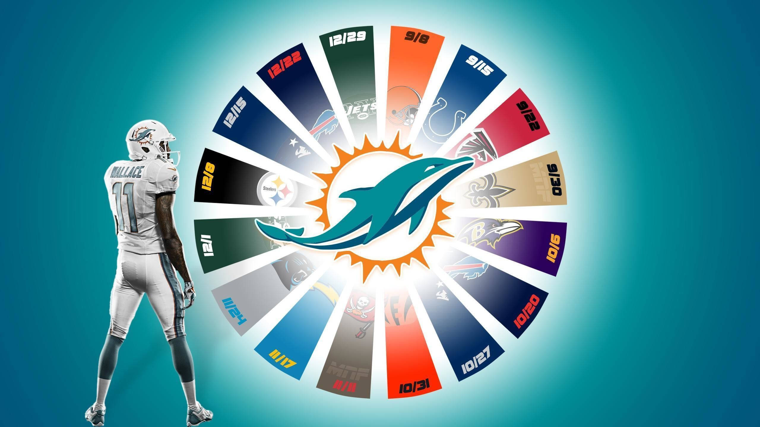Miami Dolphins, NFL team logos, teal gradient background, 2K Desktop Wallpaper