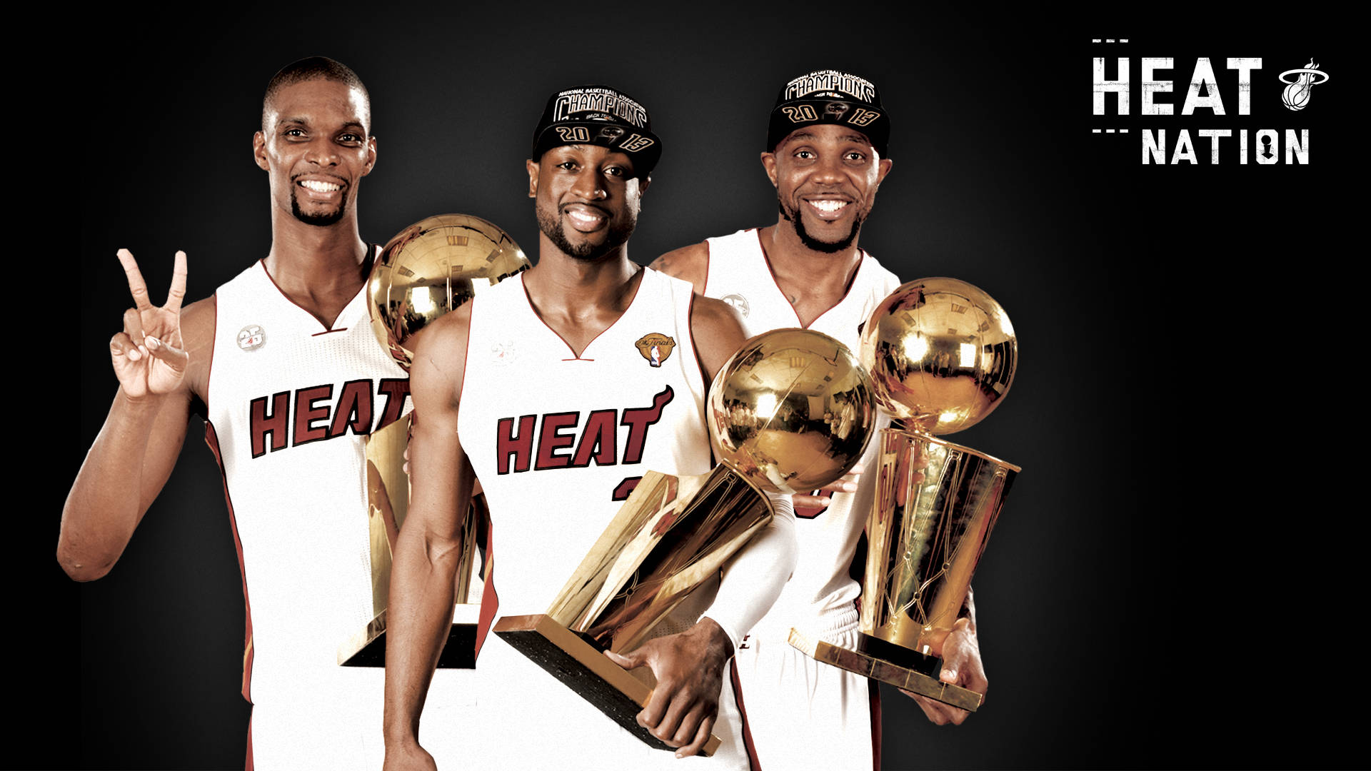 Miami Heat, white jerseys, golden NBA championship trophies, Full HD Desktop Wallpaper