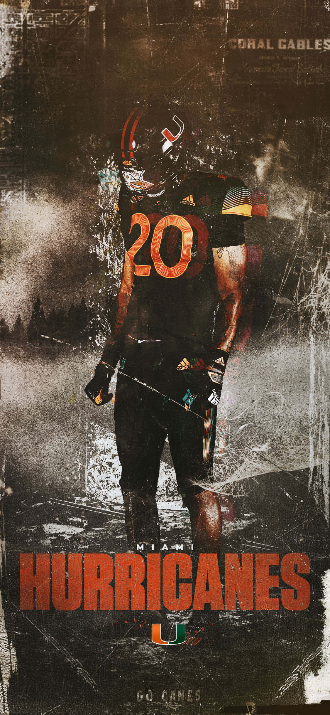 Miami Hurricanes, number 20, bold orange text, Full HD Phone Wallpaper