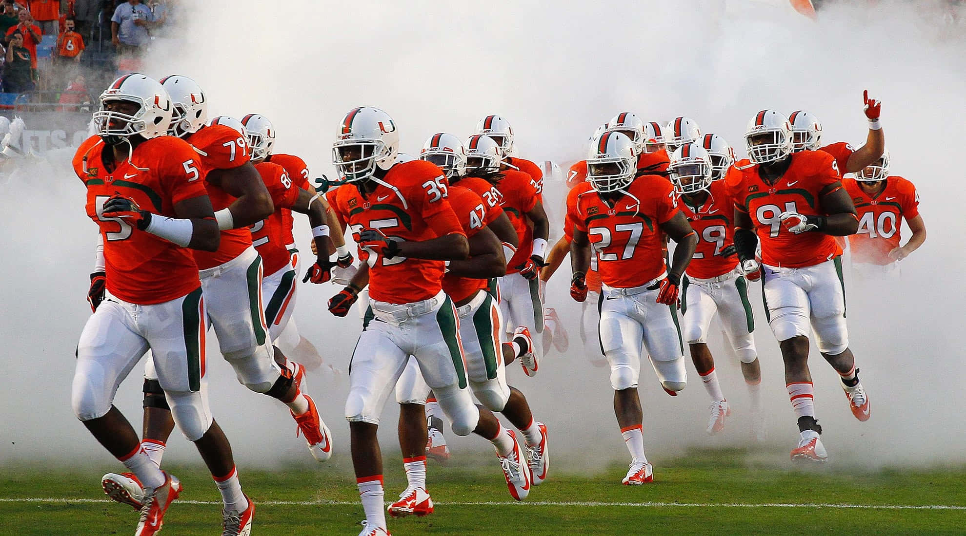 Miami Hurricanes, orange and white uniforms, smoke tunnel, Full HD Desktop Wallpaper