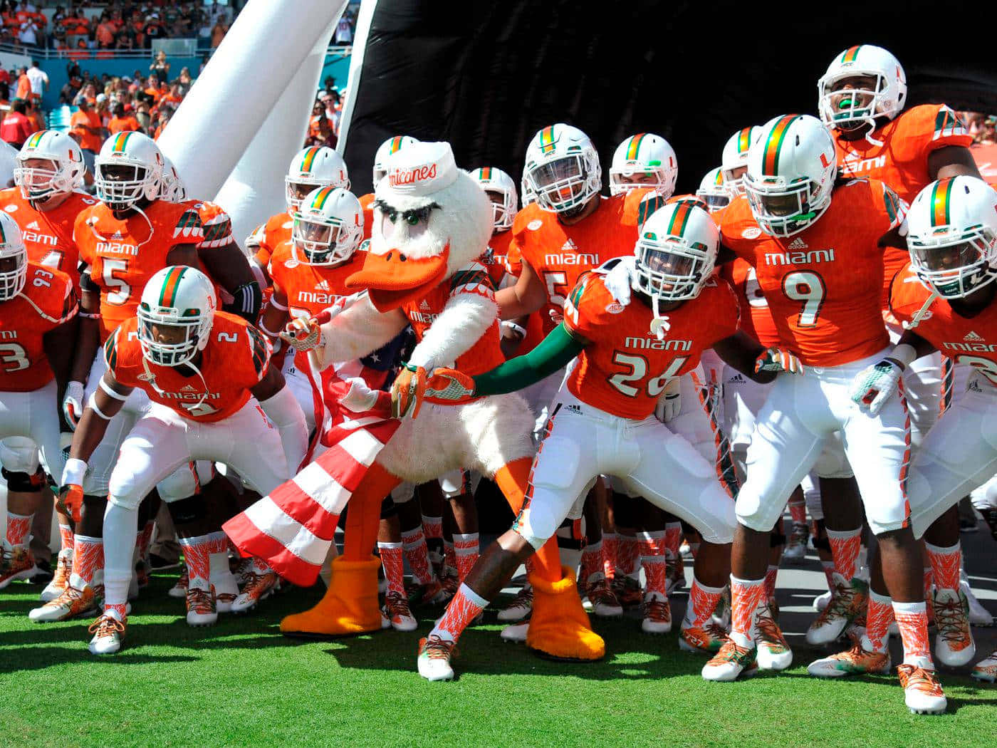 Miami Hurricanes, orange uniforms, duck mascot, HD Desktop Wallpaper