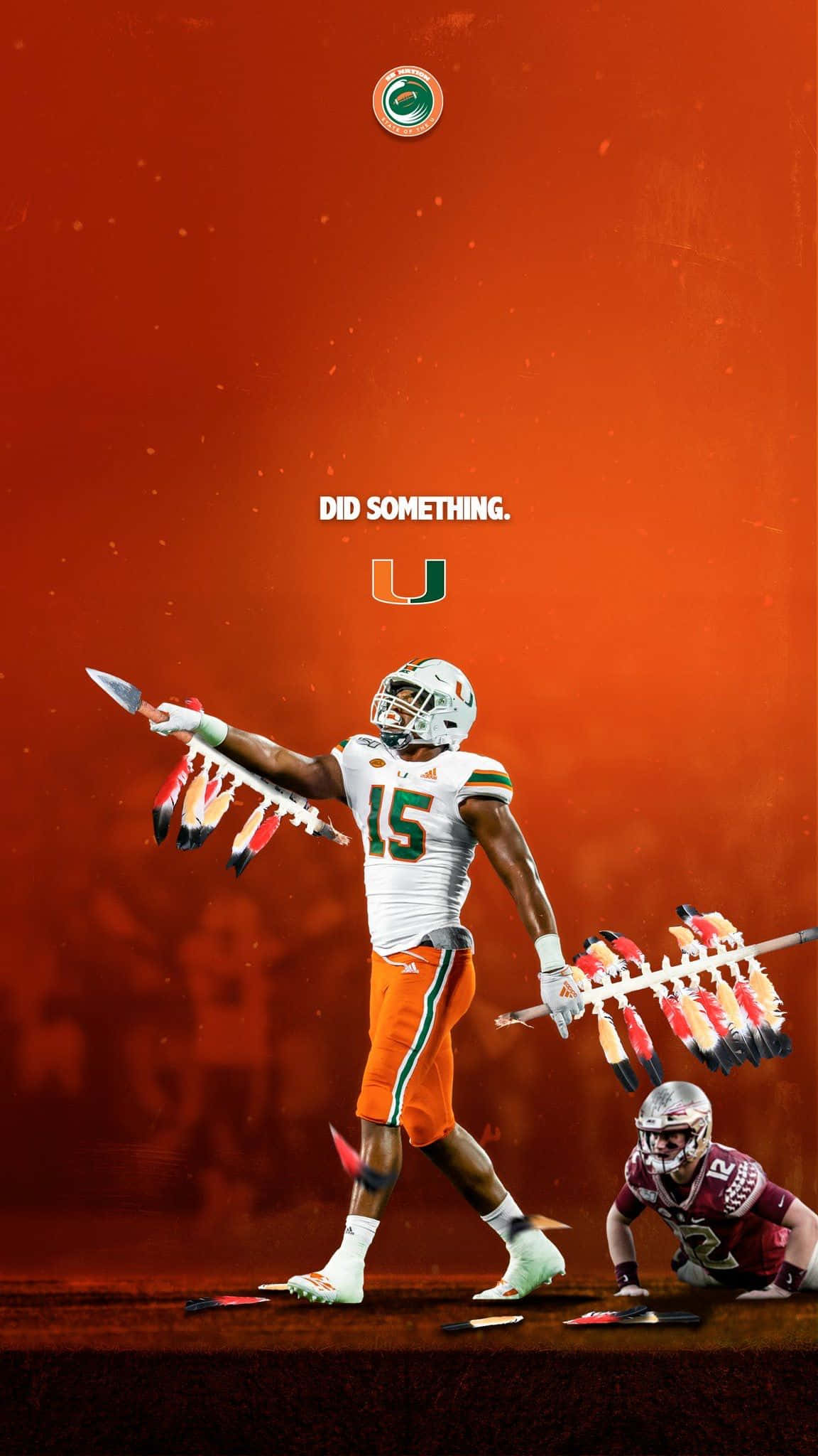 Miami Hurricanes, white and orange gear, spear with feathers, Full HD Phone Wallpaper