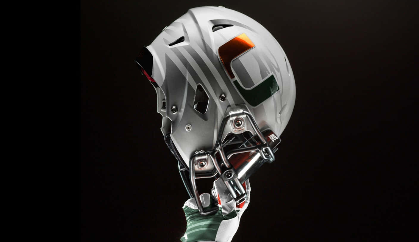 Miami Hurricanes, silver football helmet, orange and green 'U' logo, HD Desktop Wallpaper