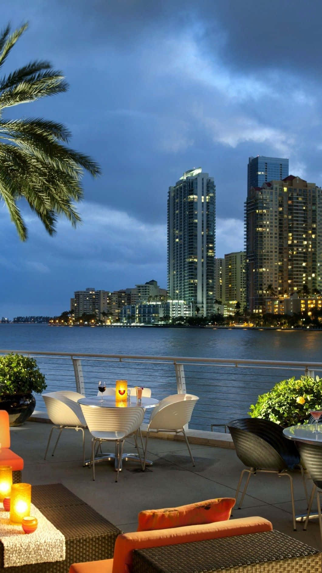 Miami, iPhone, twilight waterfront patio, HD Phone Wallpaper
