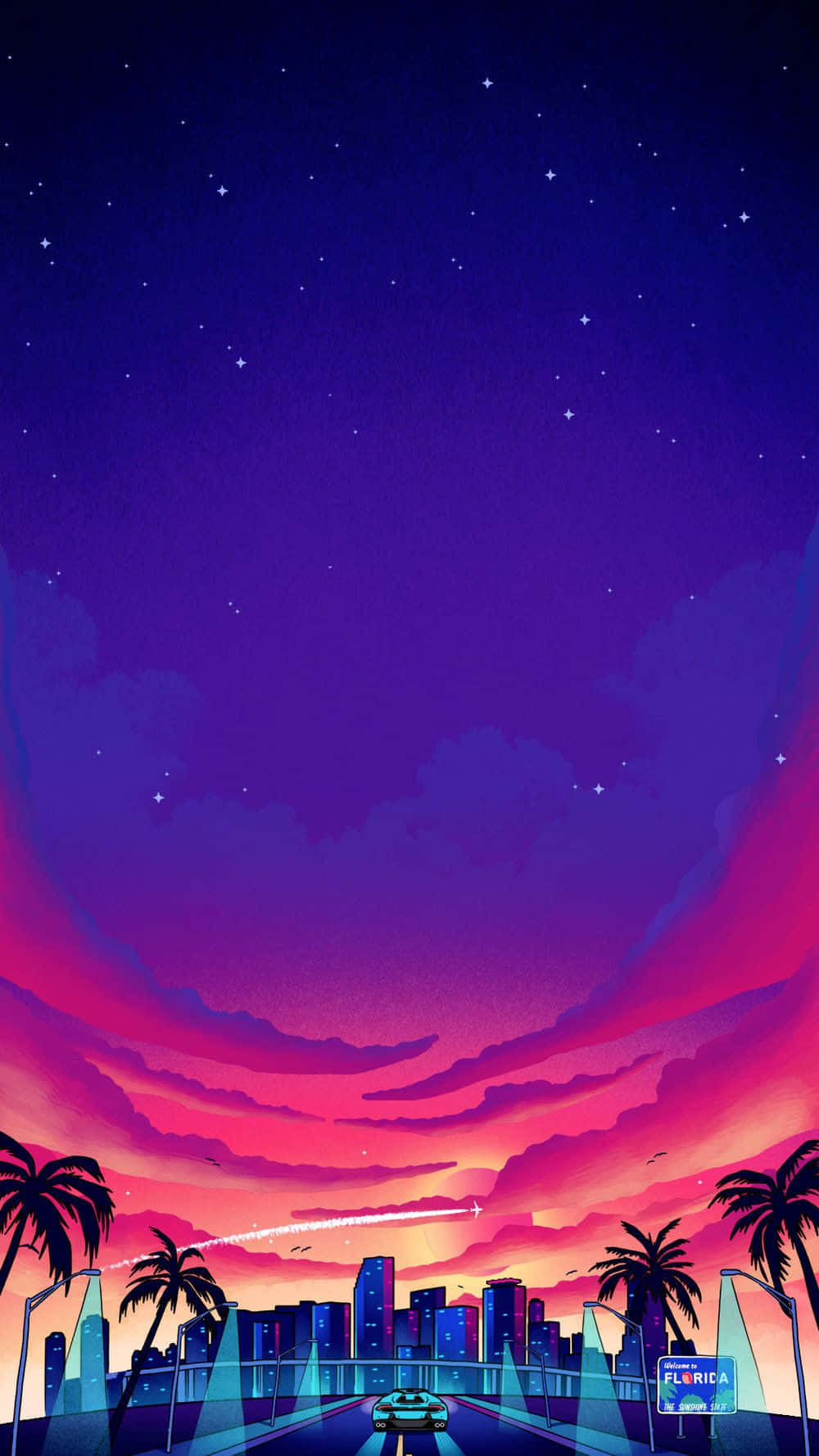 Miami iPhone, neon-lit car, vibrant purple and pink twilight sky, HD Phone Wallpaper