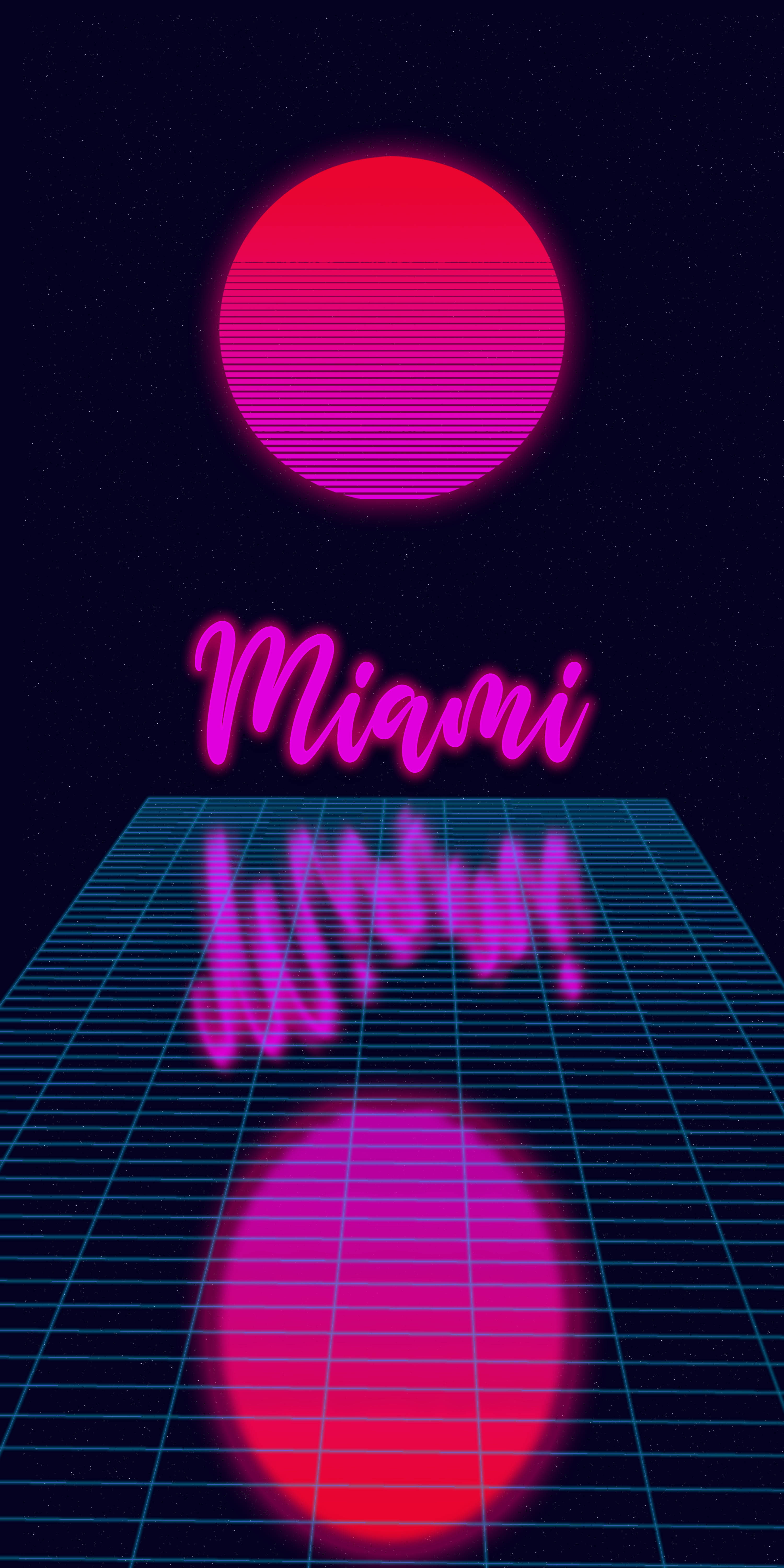 Miami, neon grid, glowing pink sun, 5K Phone Wallpaper