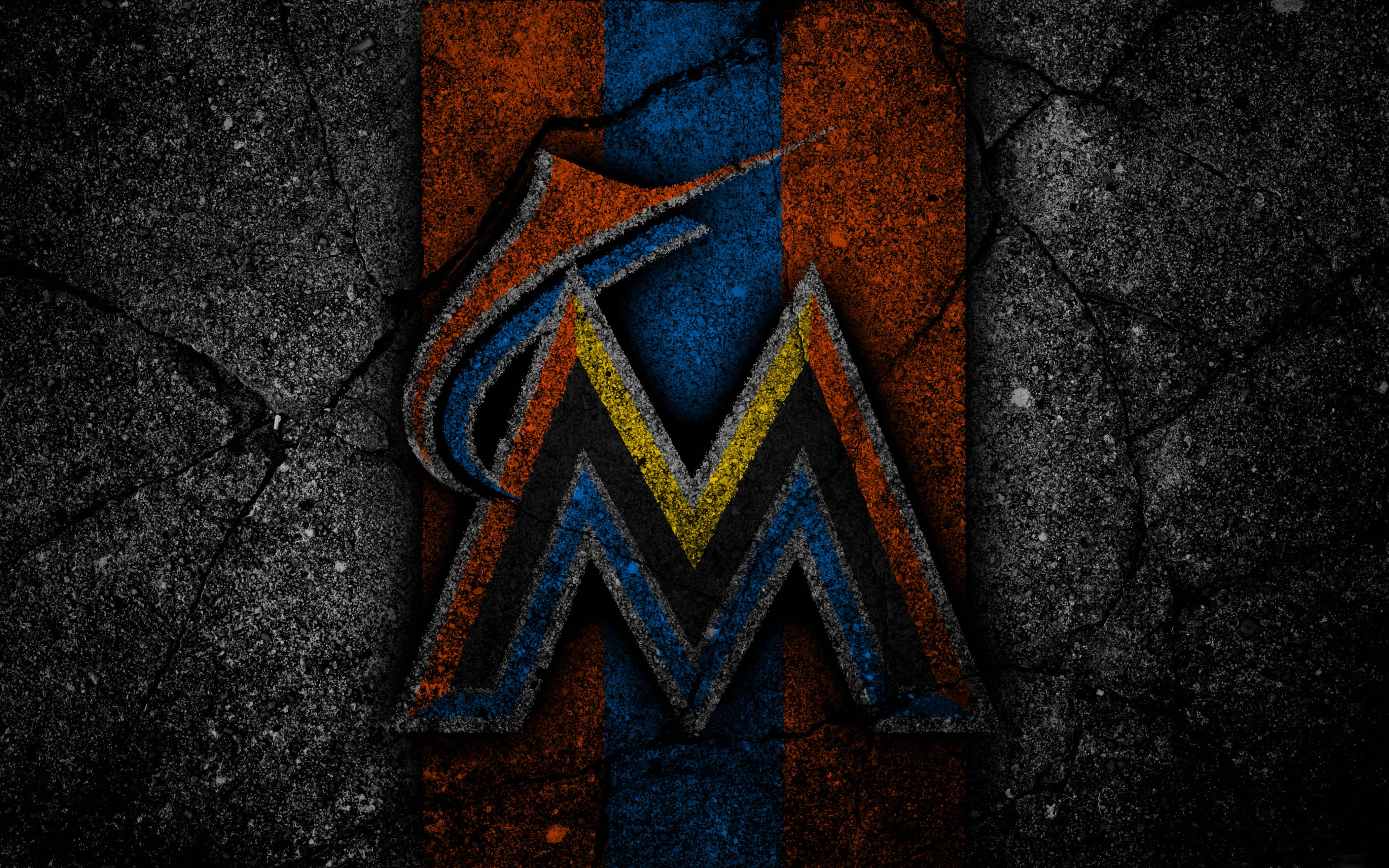 Miami Marlins, black stone background, orange blue and yellow stripes, 4K Desktop Wallpaper