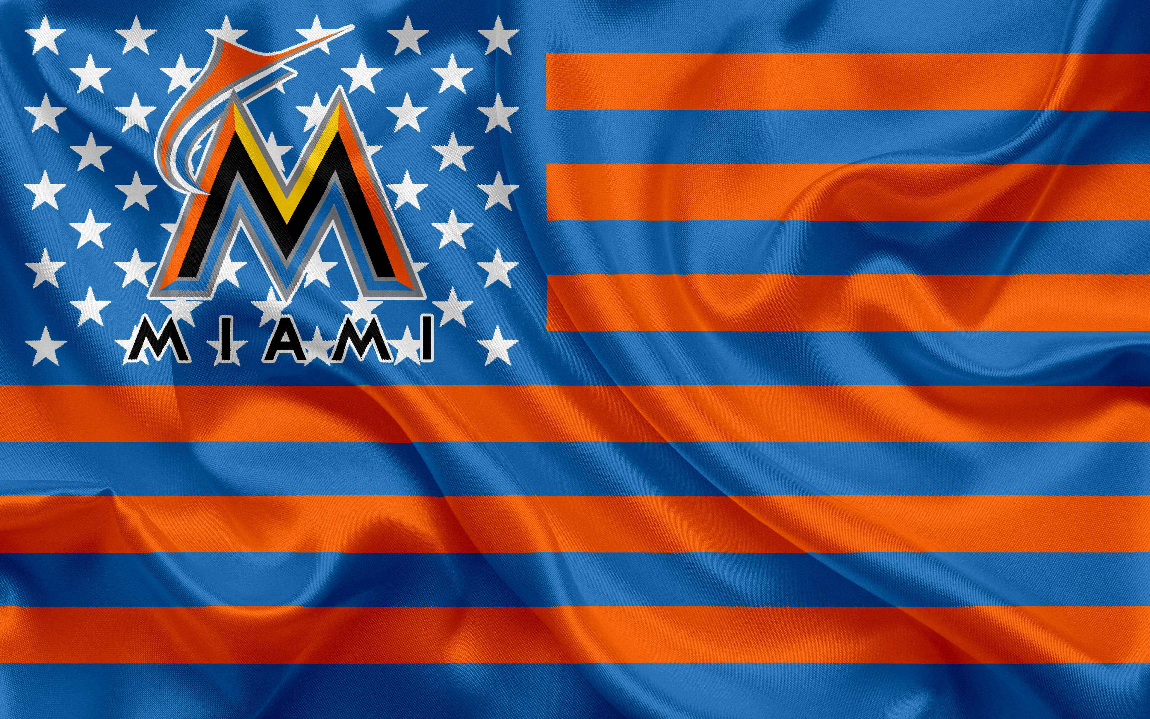 Miami Marlins, orange and blue stripes, white stars, 4K Desktop Wallpaper