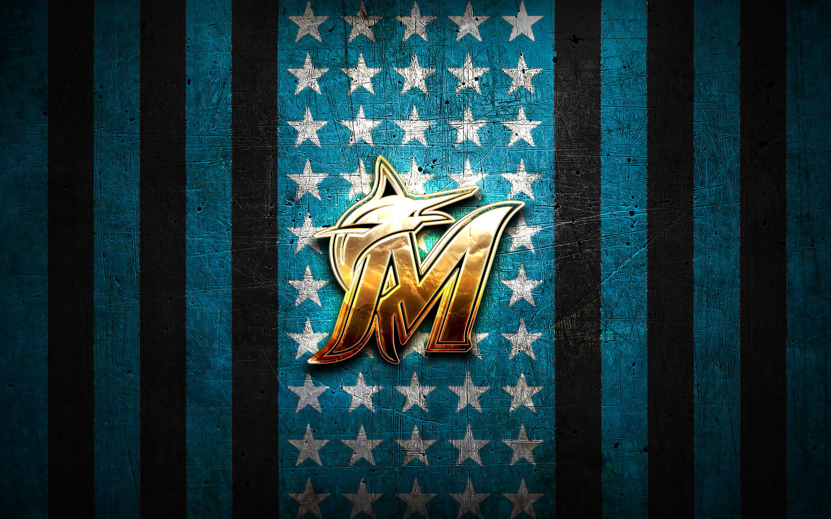Starry Miami Marlins Logo, golden stylized M logo, wolf head, 2K Desktop Wallpaper