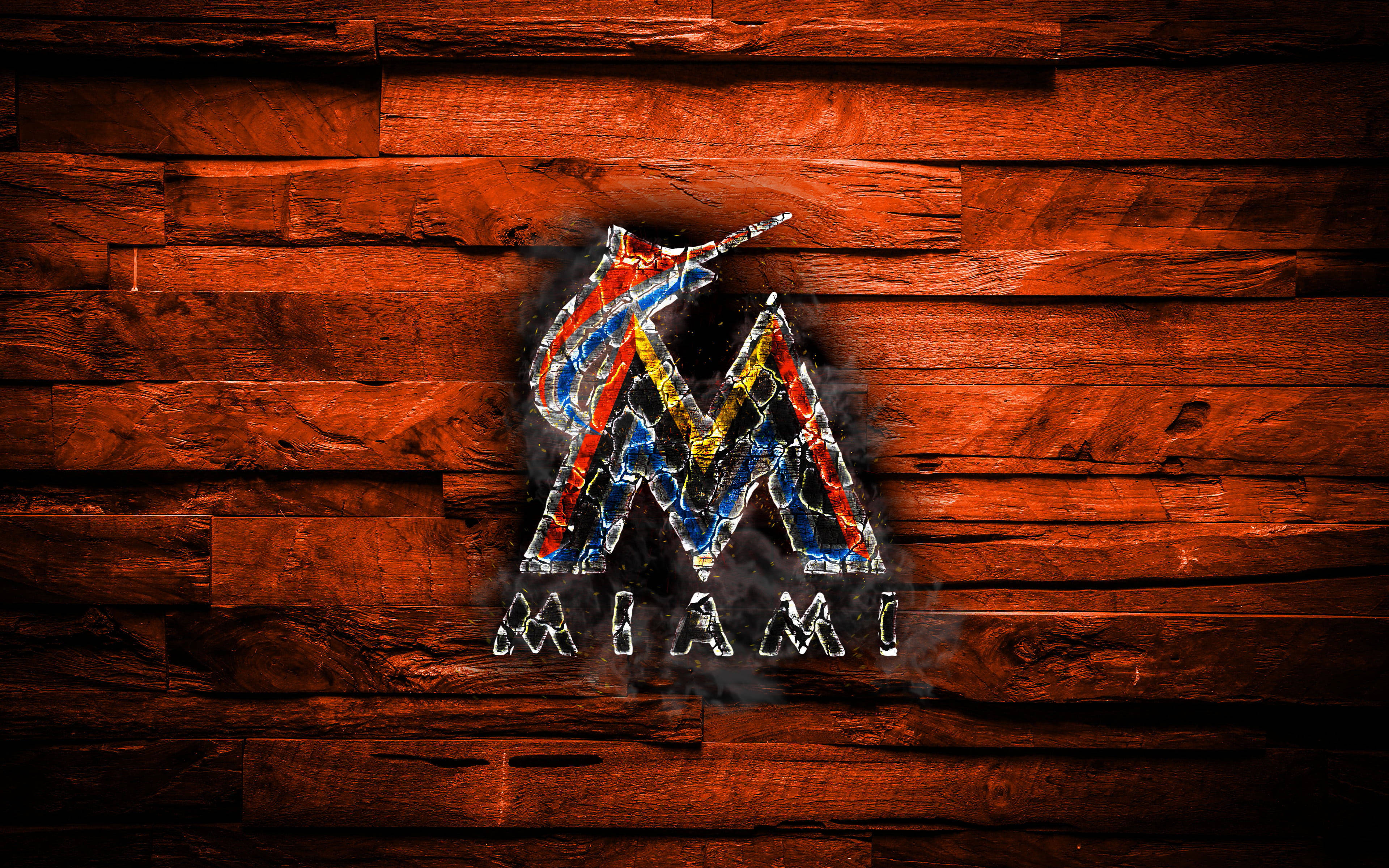 Miami Marlins, fiery logo, baseball player silhouette, 4K Desktop Wallpaper
