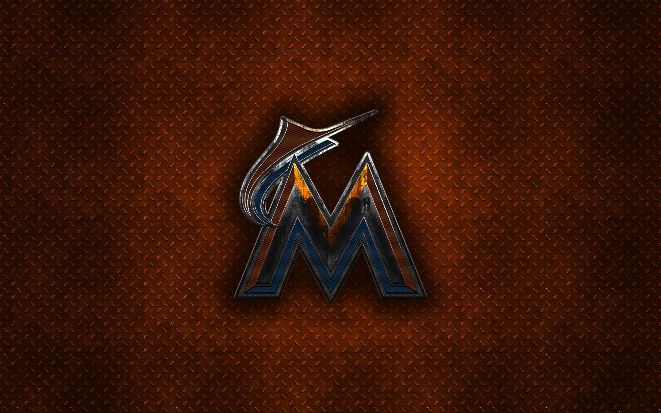 Miami Marlins, metallic design, rust-orange diamond plate, 2K Desktop Wallpaper