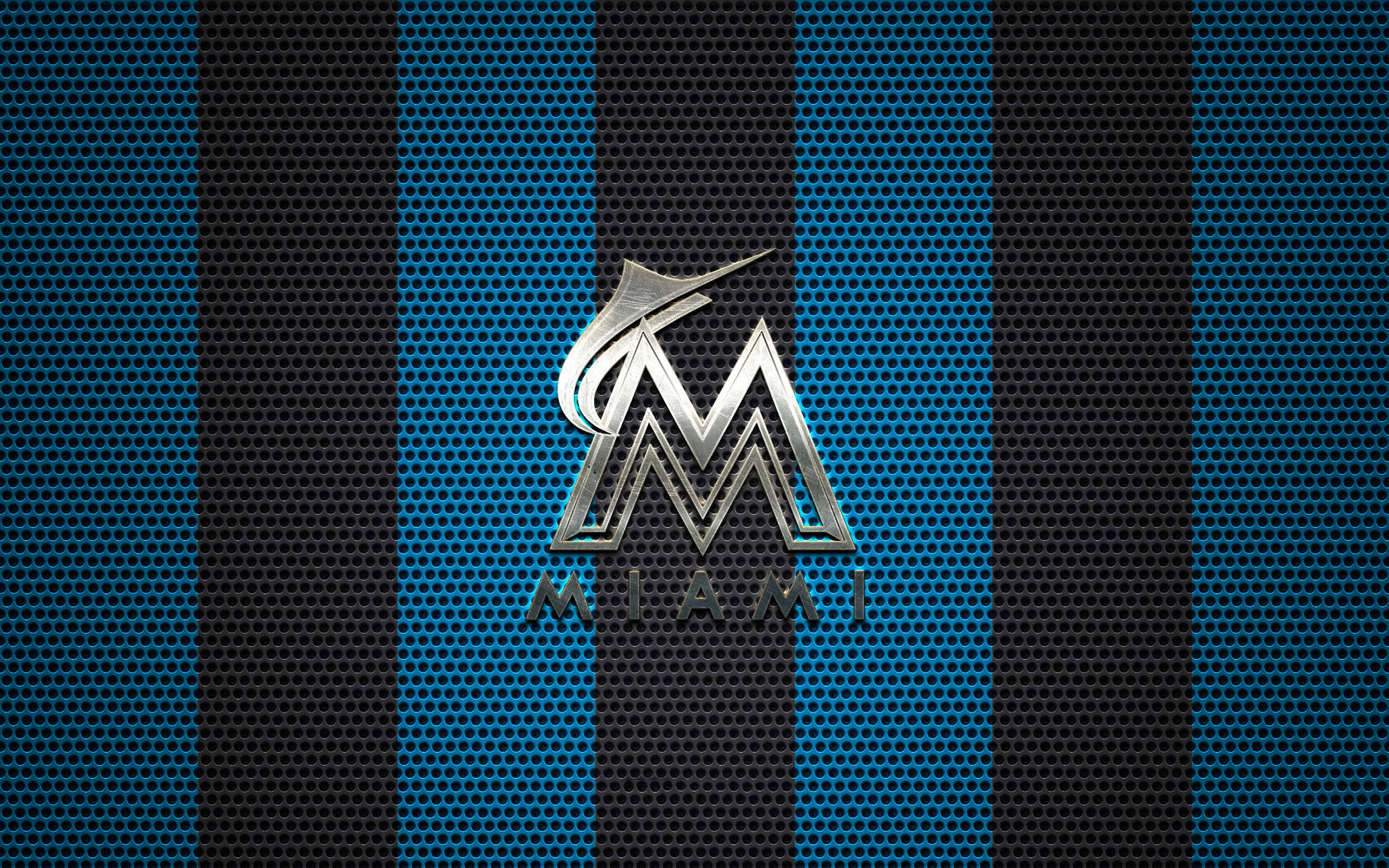 Miami Marlins, metallic Miami Marlins logo, blue and black perforated metal background, 2K Desktop Wallpaper