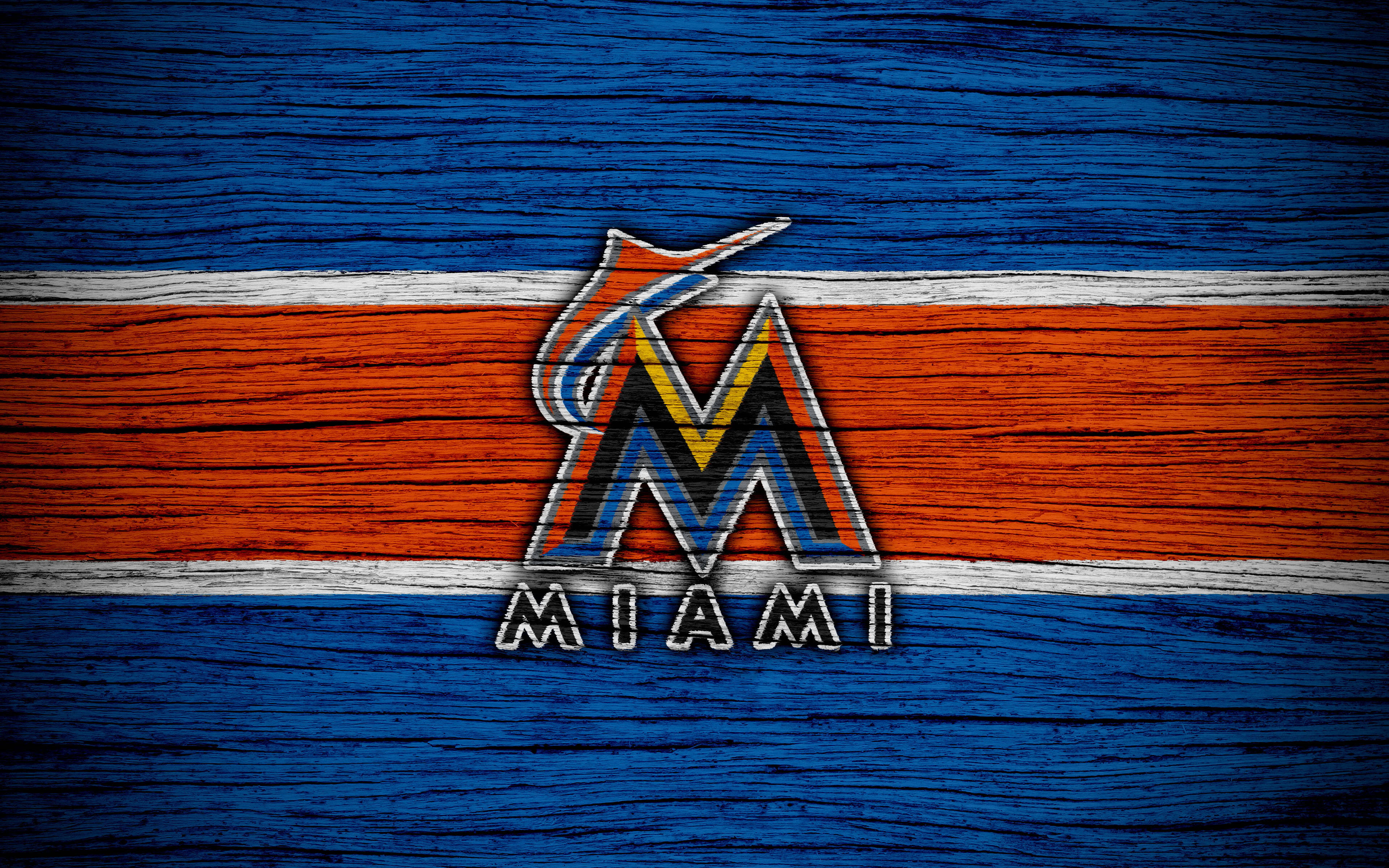 Miami Marlins, wooden stripe, weathered blue and orange wooden planks, 4K Desktop Wallpaper