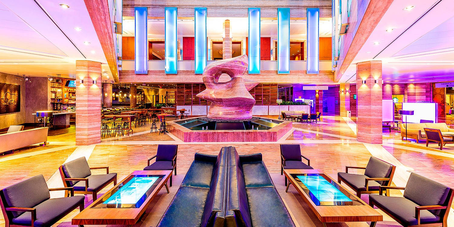 Miami, hotel lobby, glowing blue tables, HD Desktop Wallpaper