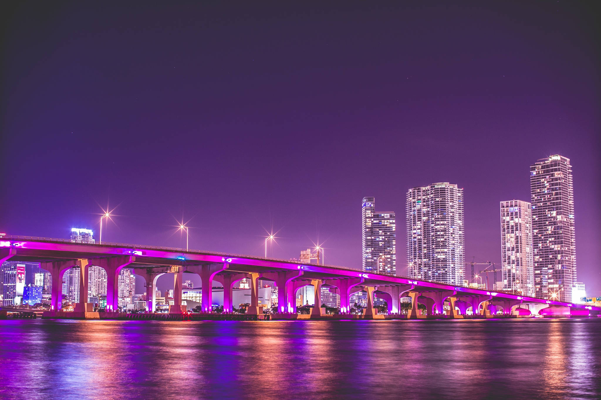 Miami, purple-lit bridge, calm river, Full HD Desktop Wallpaper