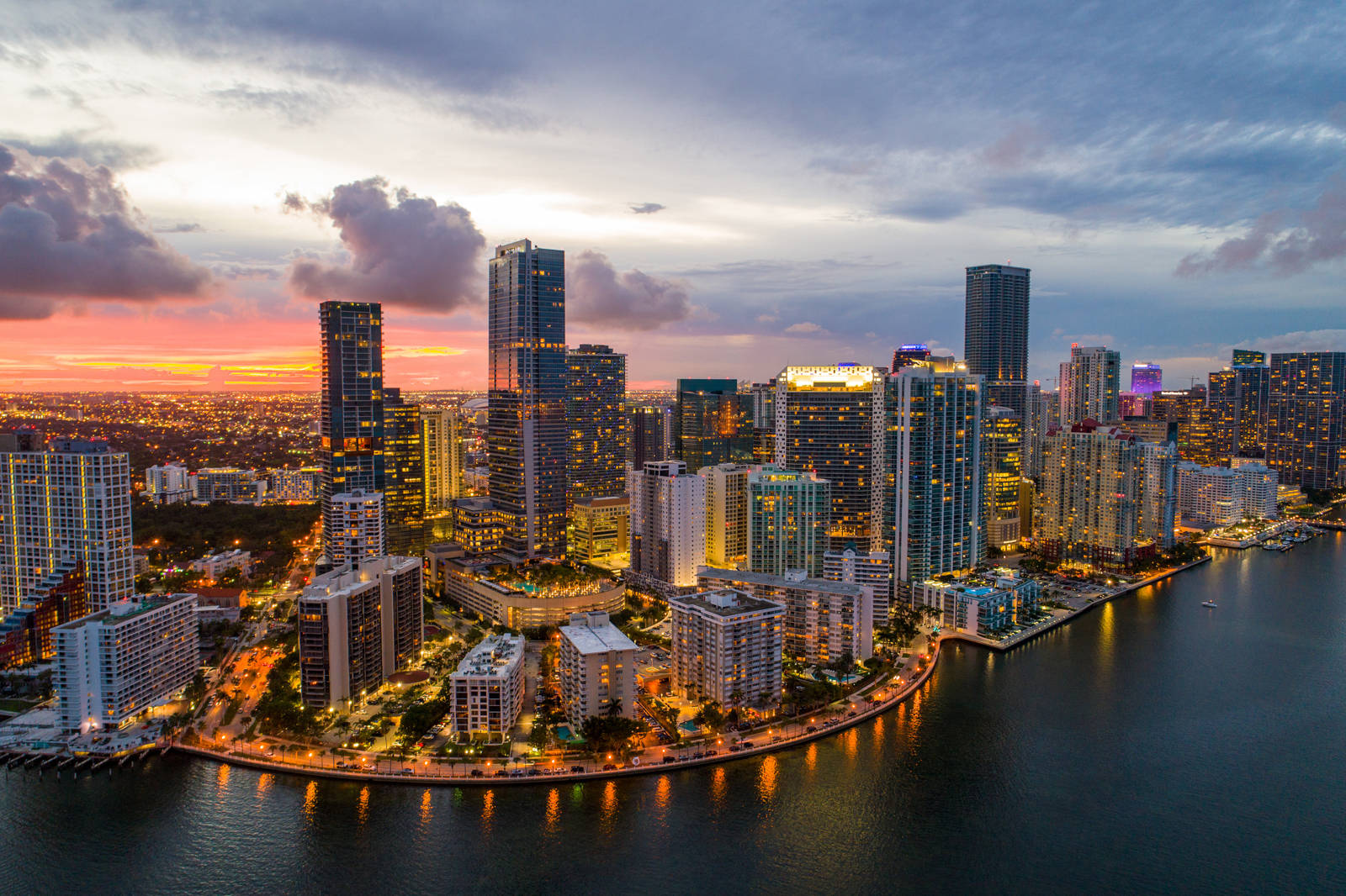 Miami, sunset, pink orange and purple clouds, HD Desktop Wallpaper