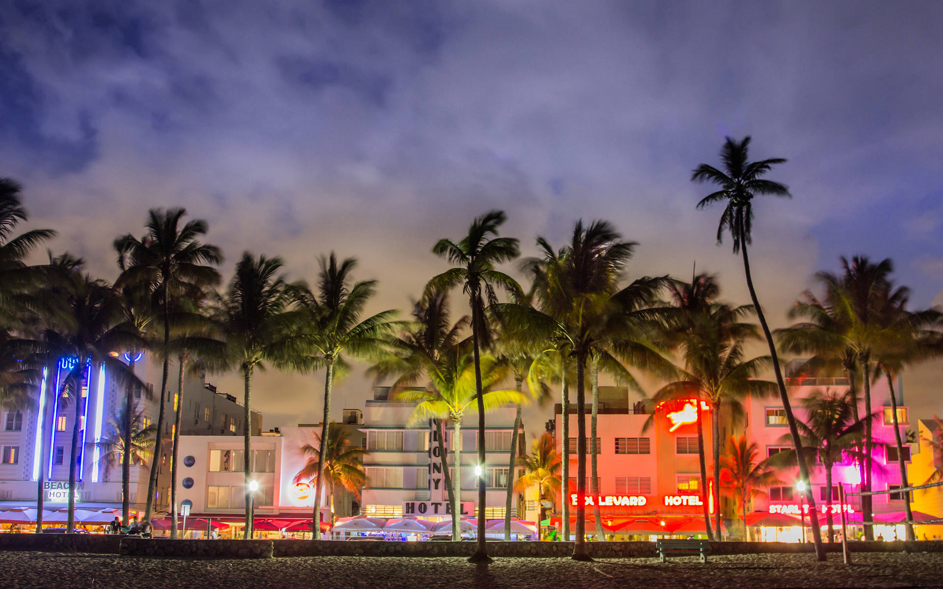 Miami Beach, Art Deco hotels, neon-lit, Full HD Desktop Wallpaper
