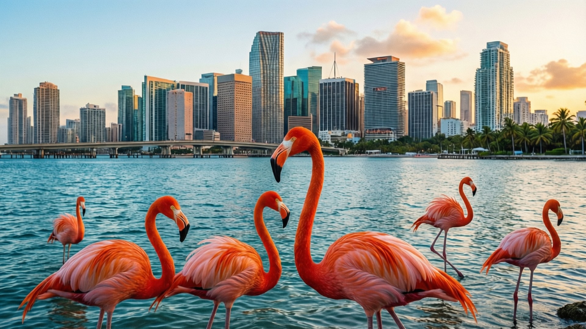 flamingo skyline, pink flamingos, calm water, Full HD Desktop Wallpaper