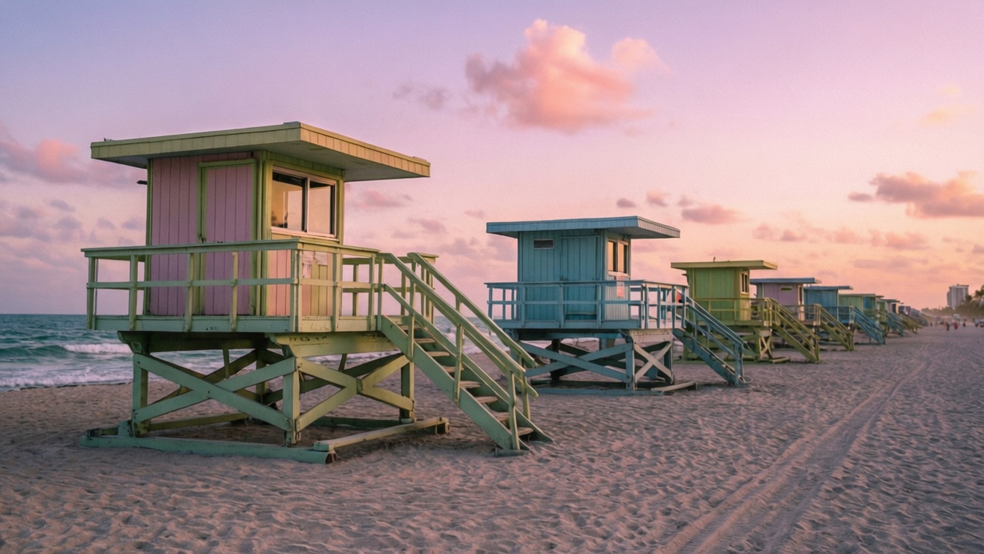 pastel lifeguard towers, sandy beach, sunset, Full HD Desktop Wallpaper