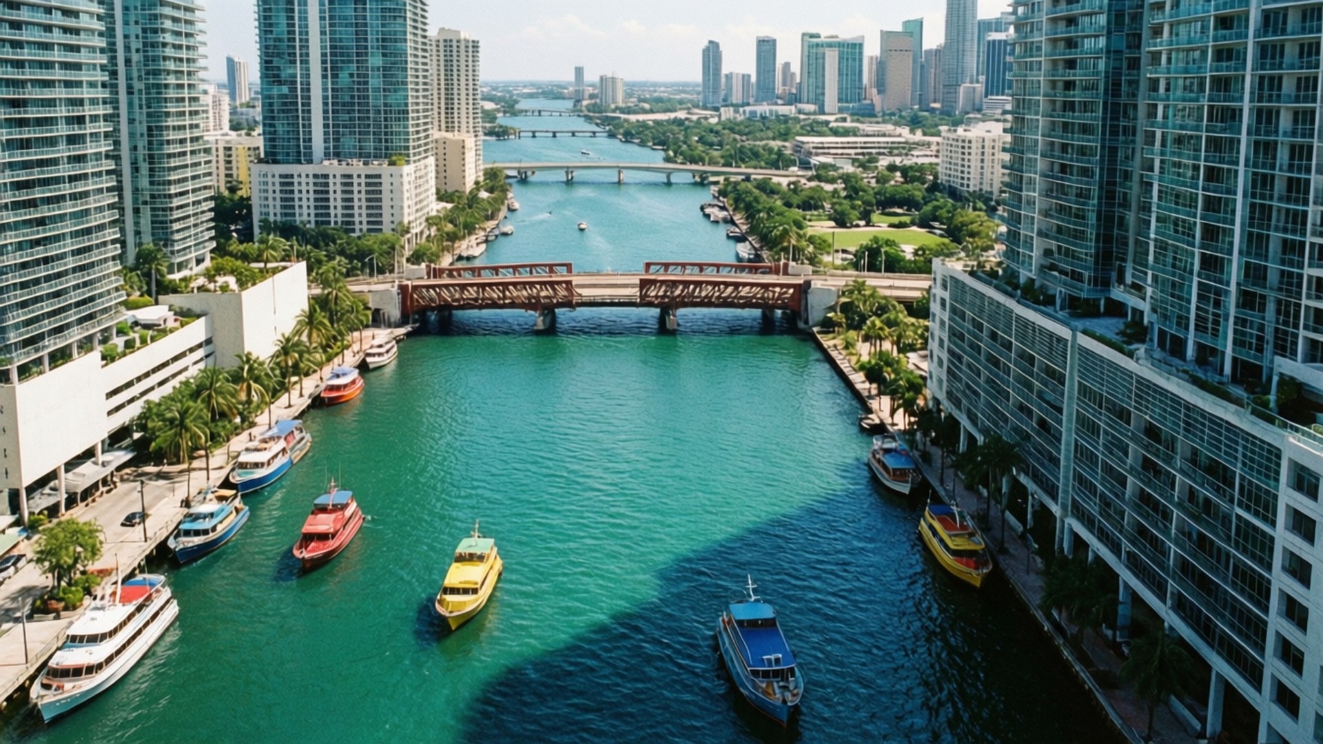 Miami River, turquoise canal, modern glass skyscrapers, Full HD Desktop Wallpaper