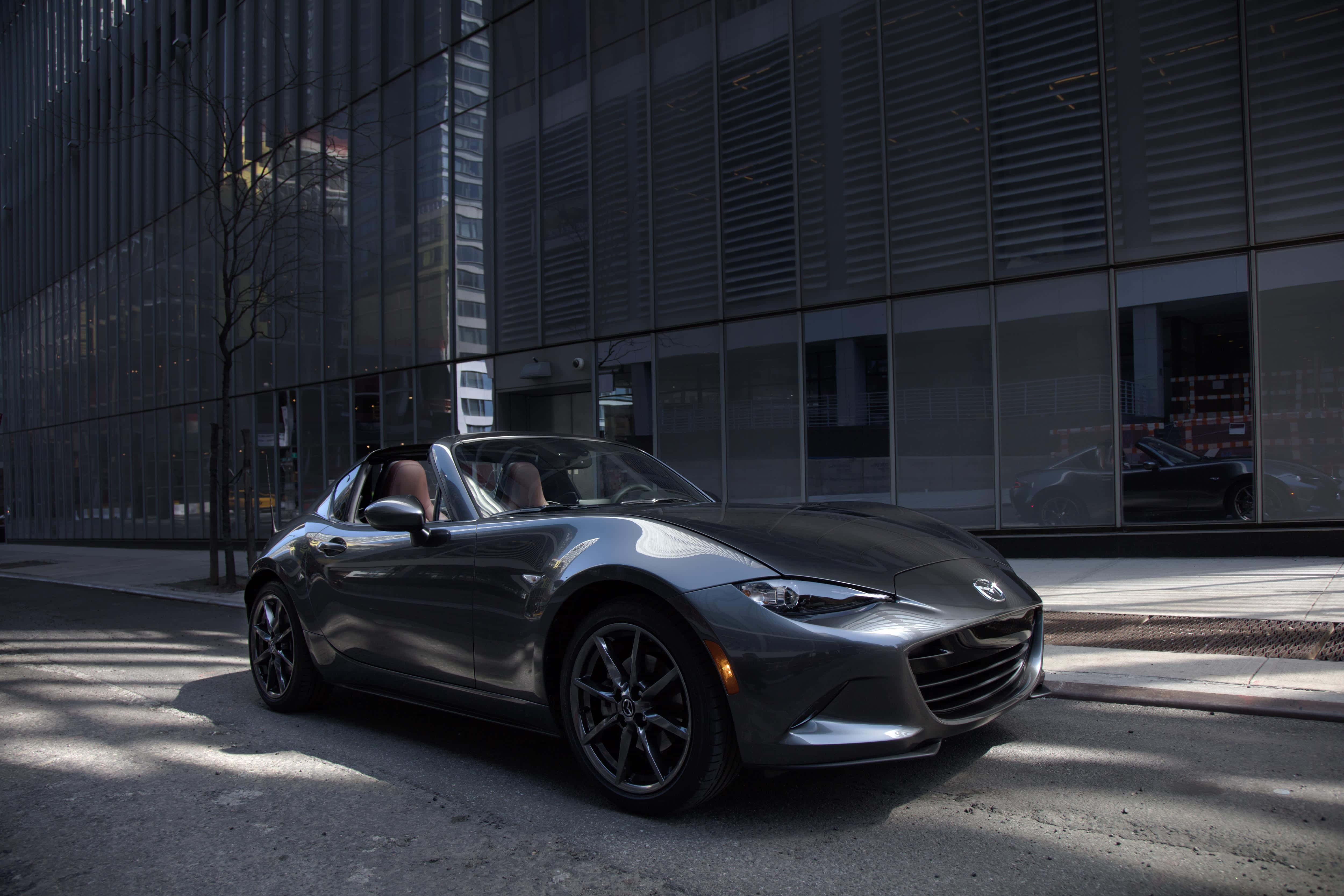 Miata, sleek silver convertible sports car, sunset, 4K Desktop Wallpaper