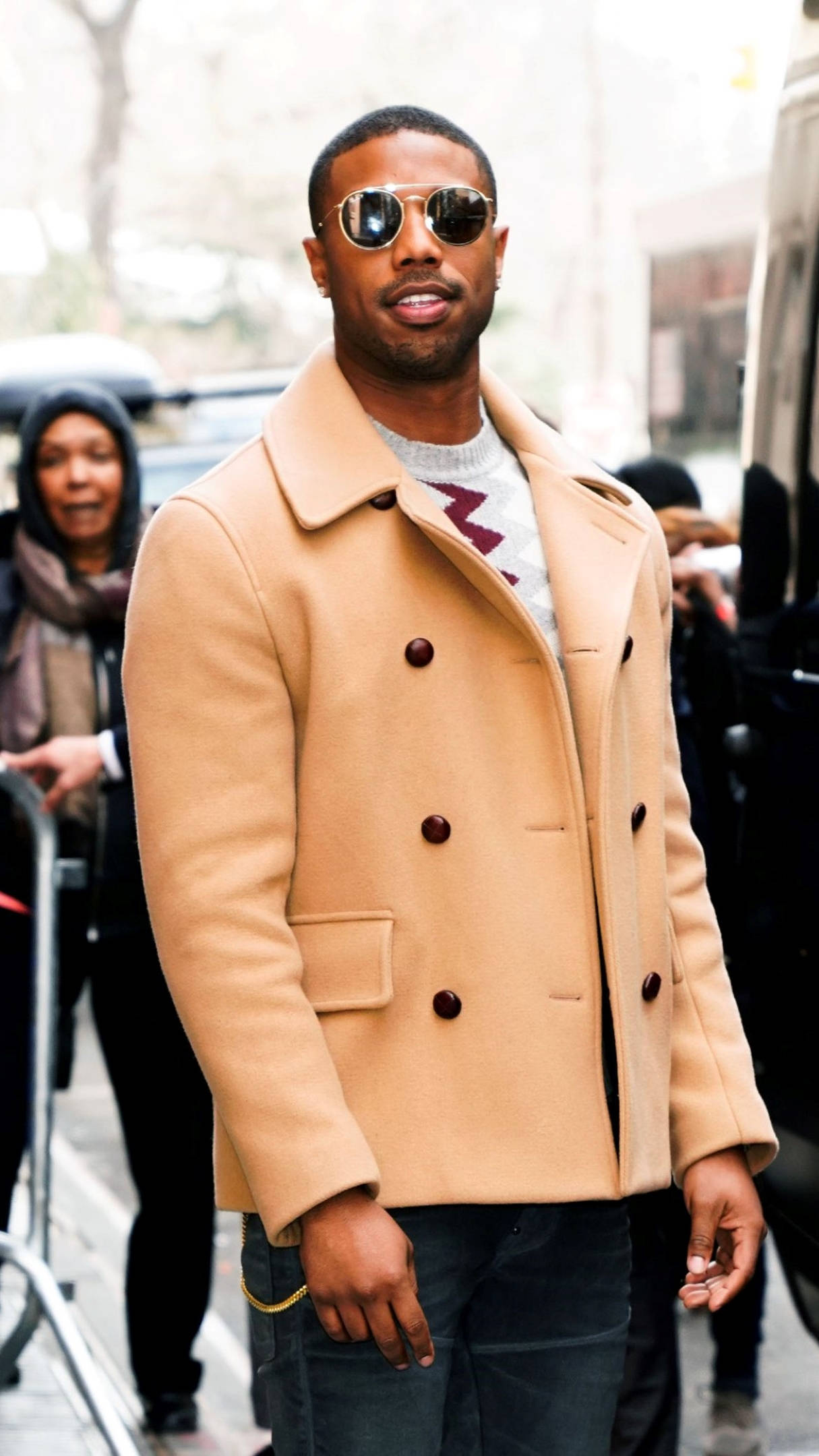 Michael B Jordan, camel coat, sunglasses, Full HD Phone Wallpaper