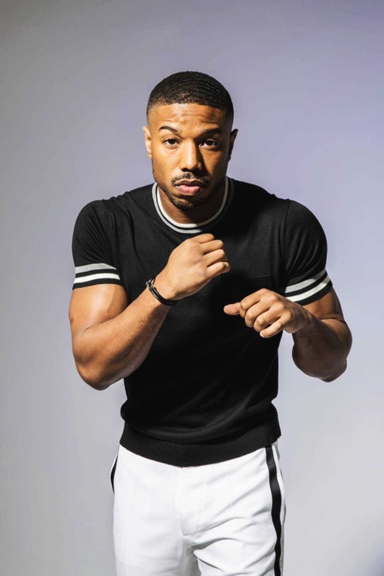 Michael B Jordan, black and white athletic wear, boxing pose, Full HD Phone Wallpaper