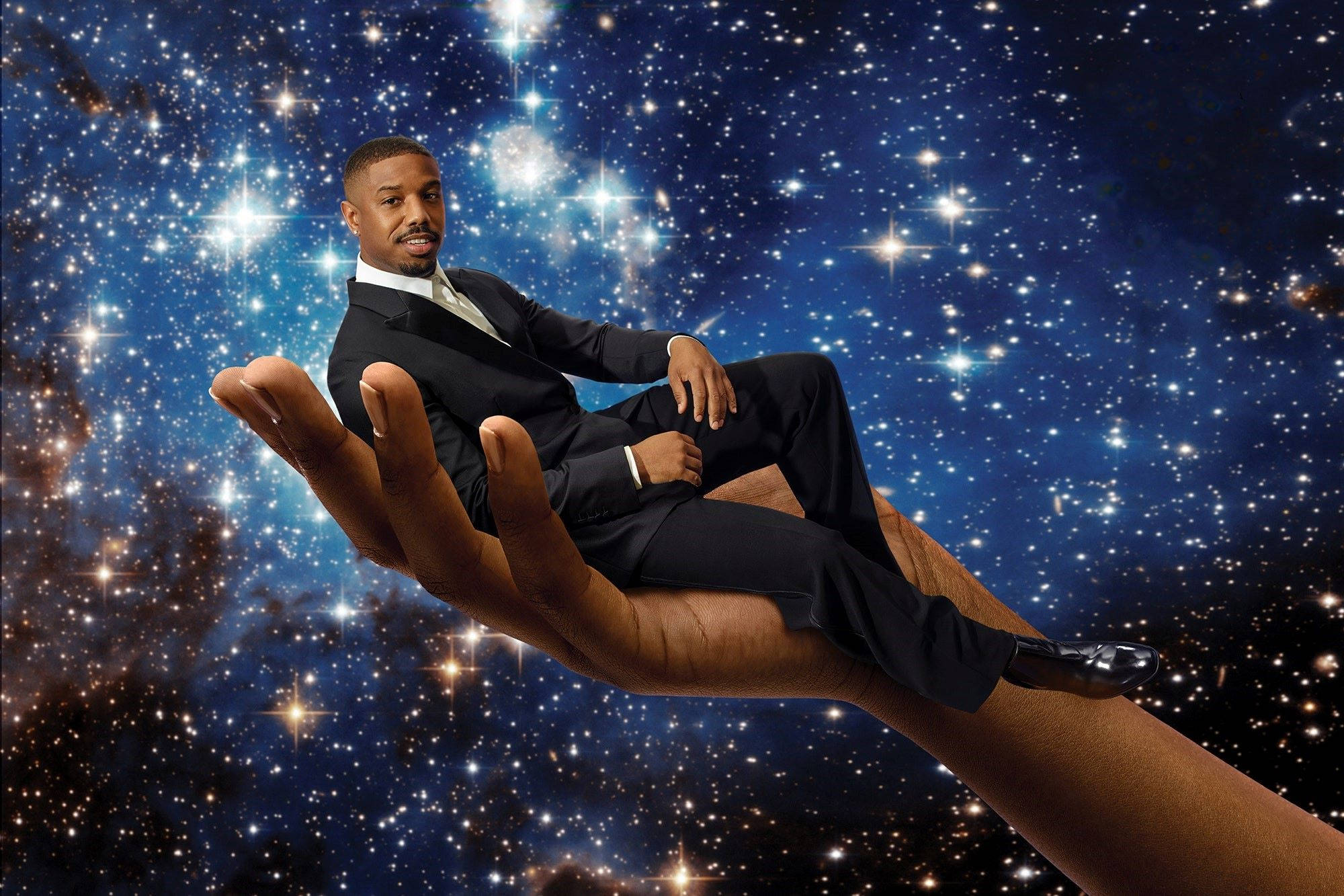 Michael B Jordan, black suit, giant hand, Full HD Desktop Wallpaper