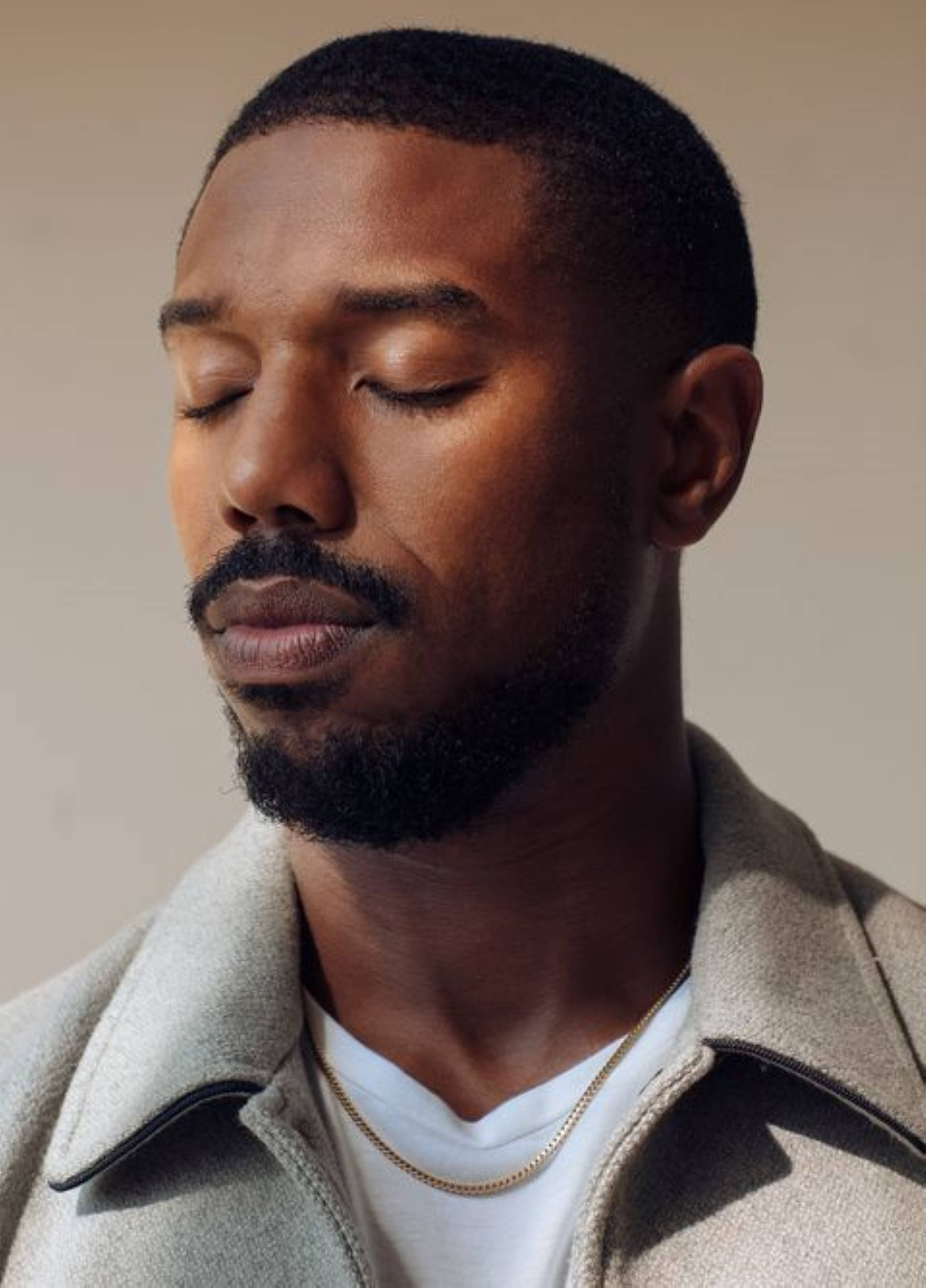 Michael B Jordan, beige coat, white tee, 2K Phone Wallpaper